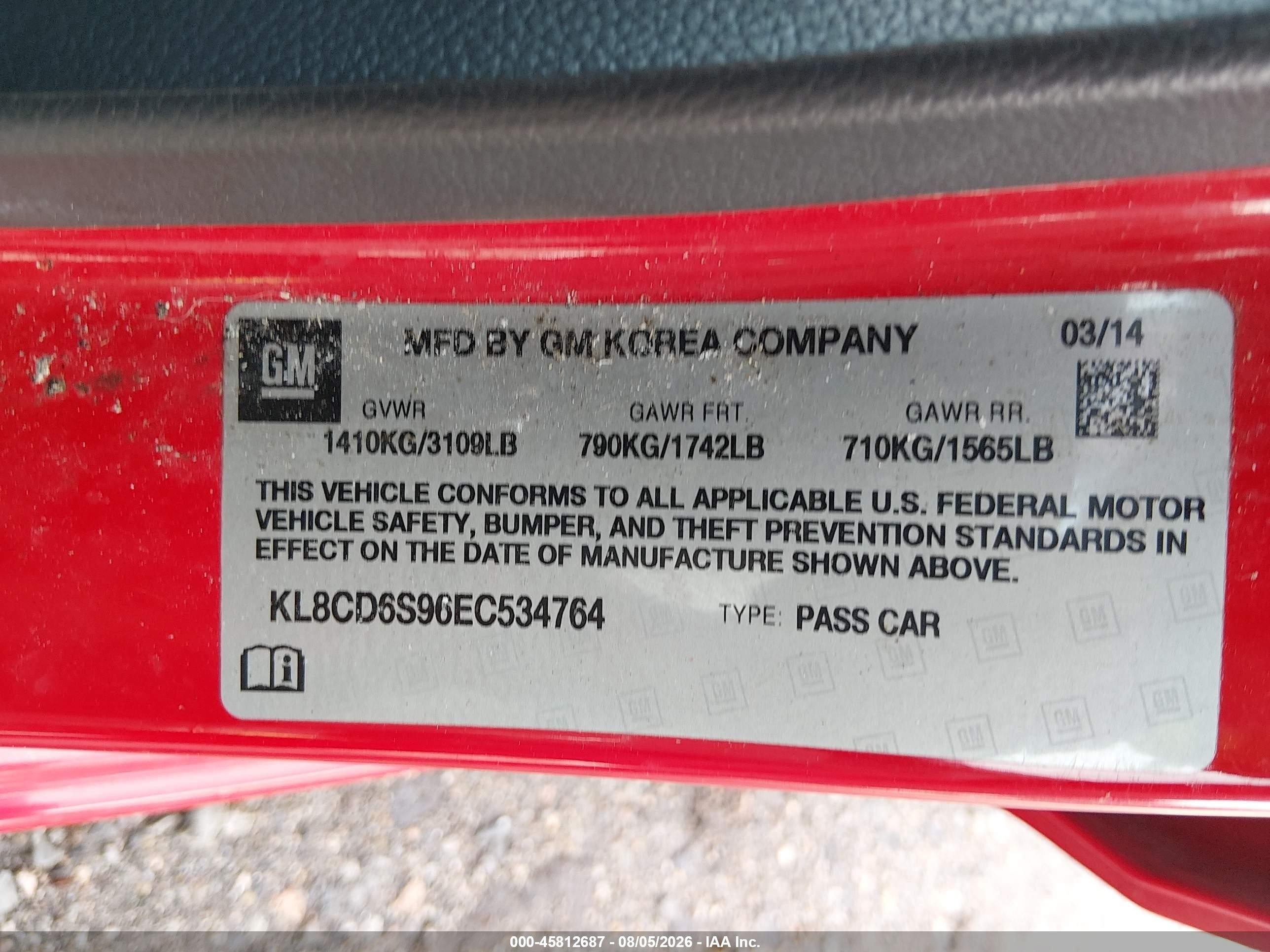 2014 Chevrolet Spark 1lt Auto Red vin: KL8CD6S96EC534764