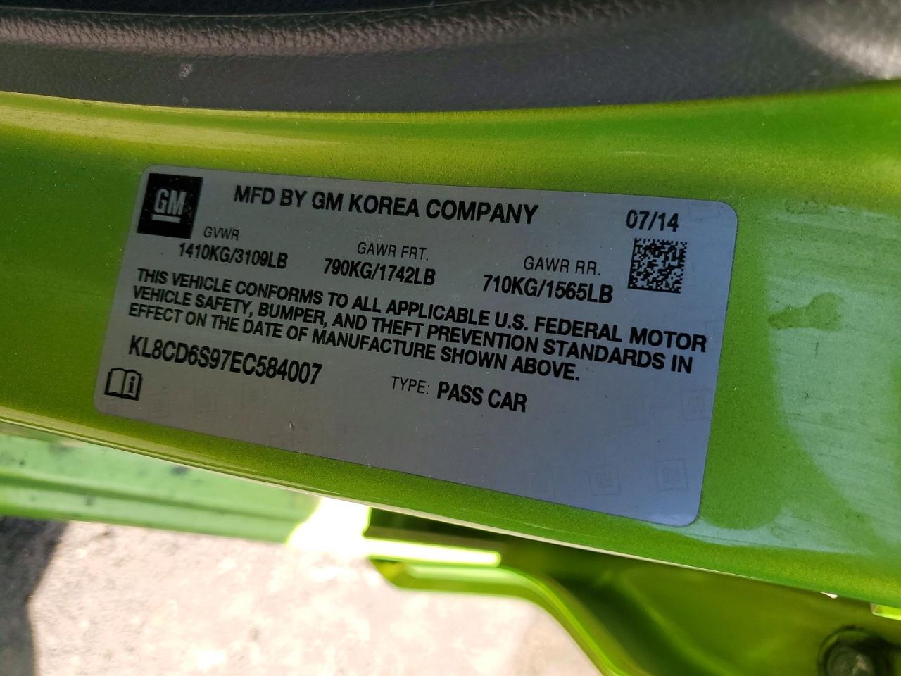 2014 Chevrolet Spark 1lt Green vin: KL8CD6S97EC584007