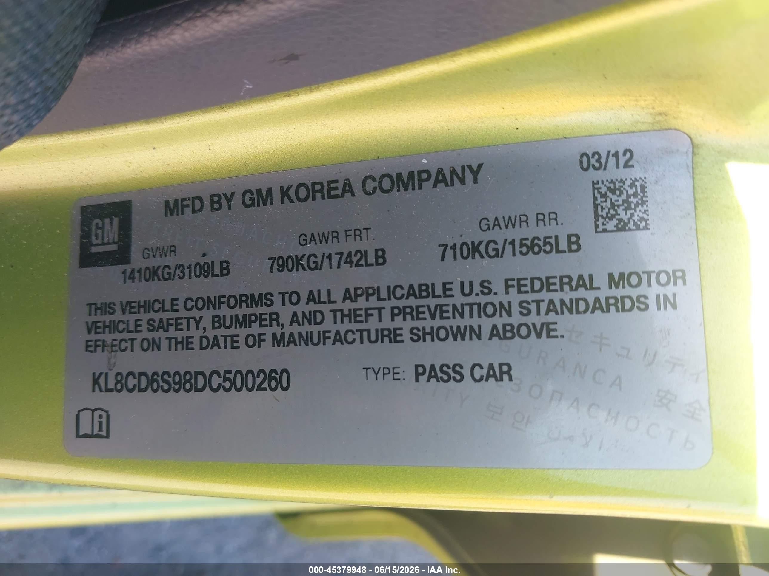 2013 Chevrolet Spark 1lt Auto Green vin: KL8CD6S98DC500260
