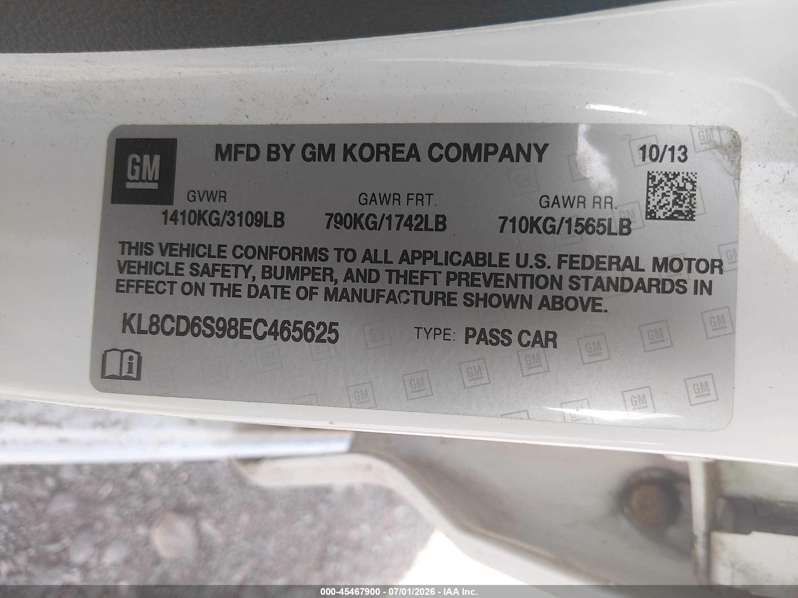 2014 Chevrolet Spark 1lt Auto White vin: KL8CD6S98EC465625