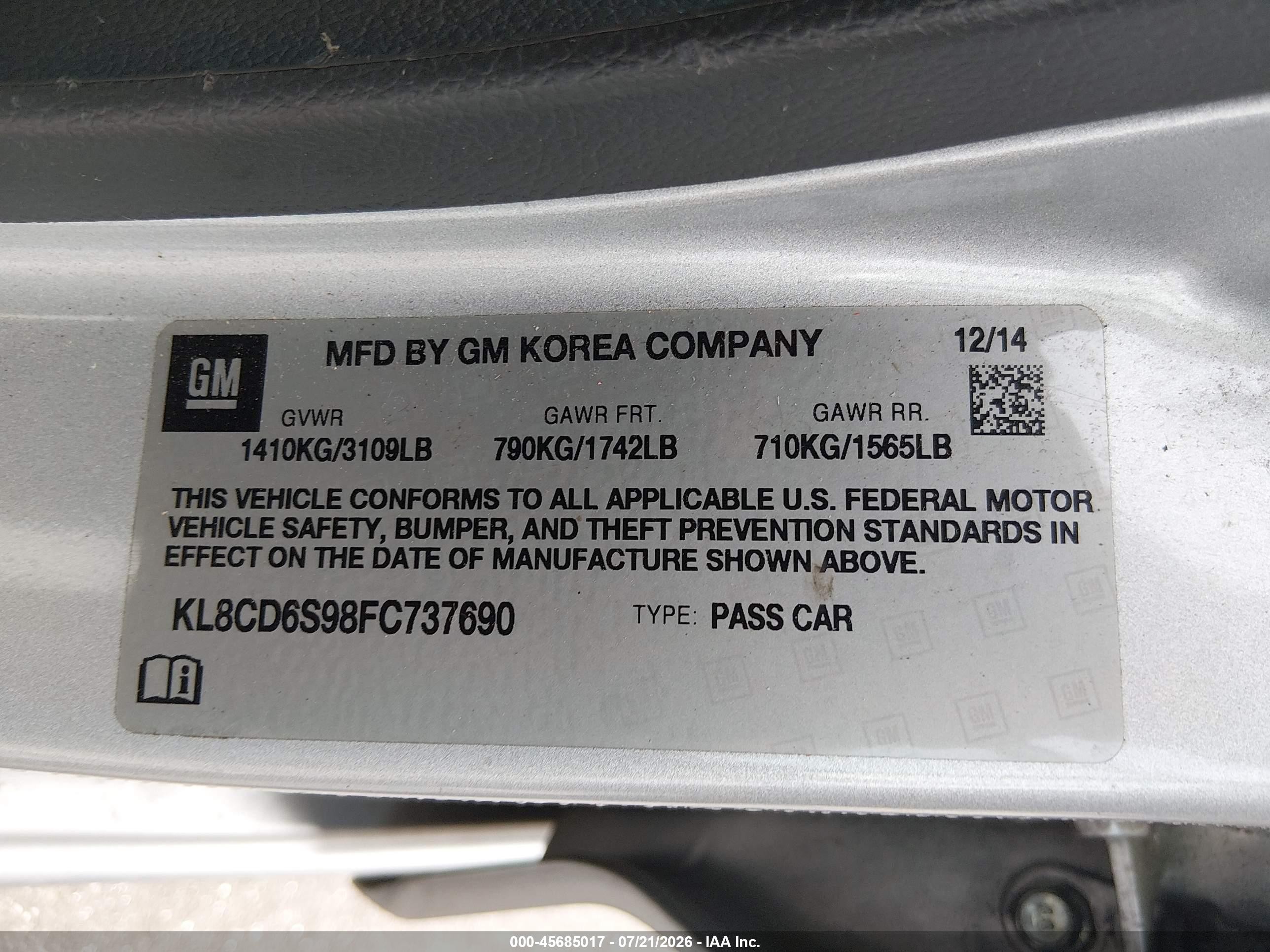 2015 Chevrolet Spark 1lt Cvt Silver vin: KL8CD6S98FC737690