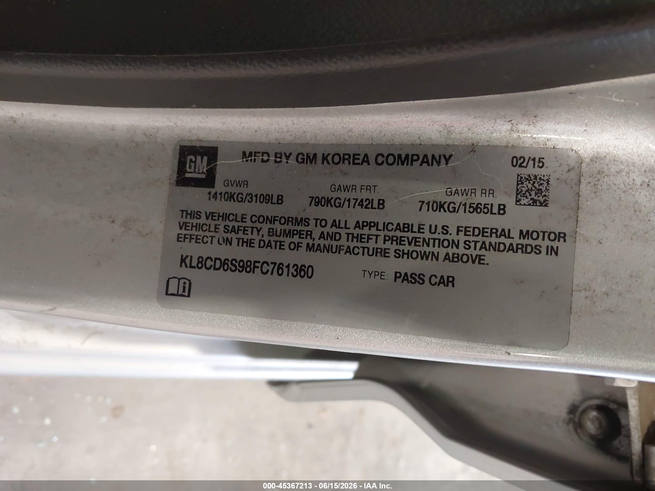 2015 Chevrolet Spark 1lt Cvt Silver vin: KL8CD6S98FC761360