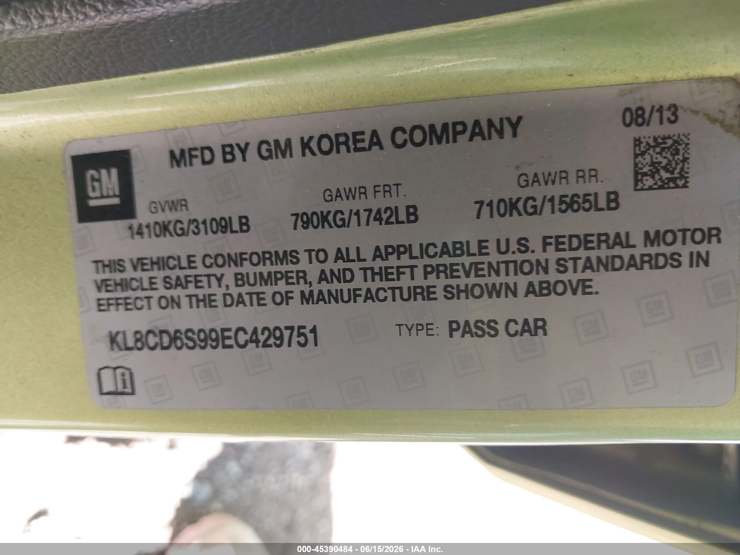 2014 Chevrolet Spark 1lt Auto Green vin: KL8CD6S99EC429751