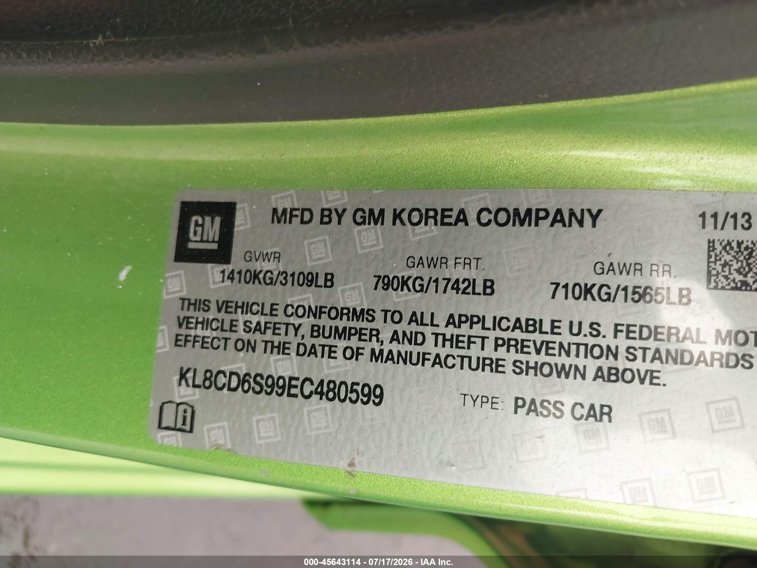 2014 Chevrolet Spark 1lt Auto Green vin: KL8CD6S99EC480599