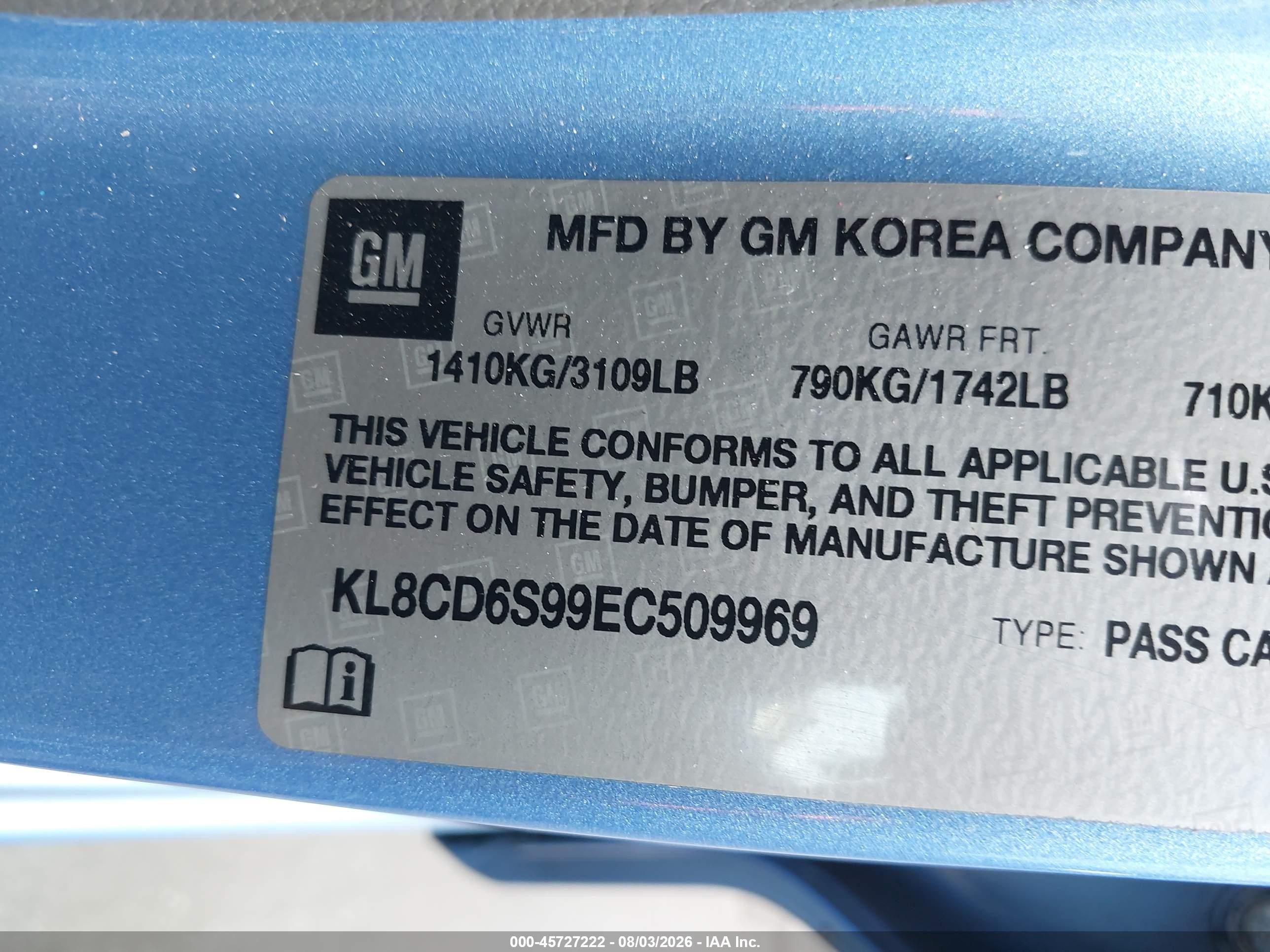2014 Chevrolet Spark 1lt Auto Blue vin: KL8CD6S99EC509969