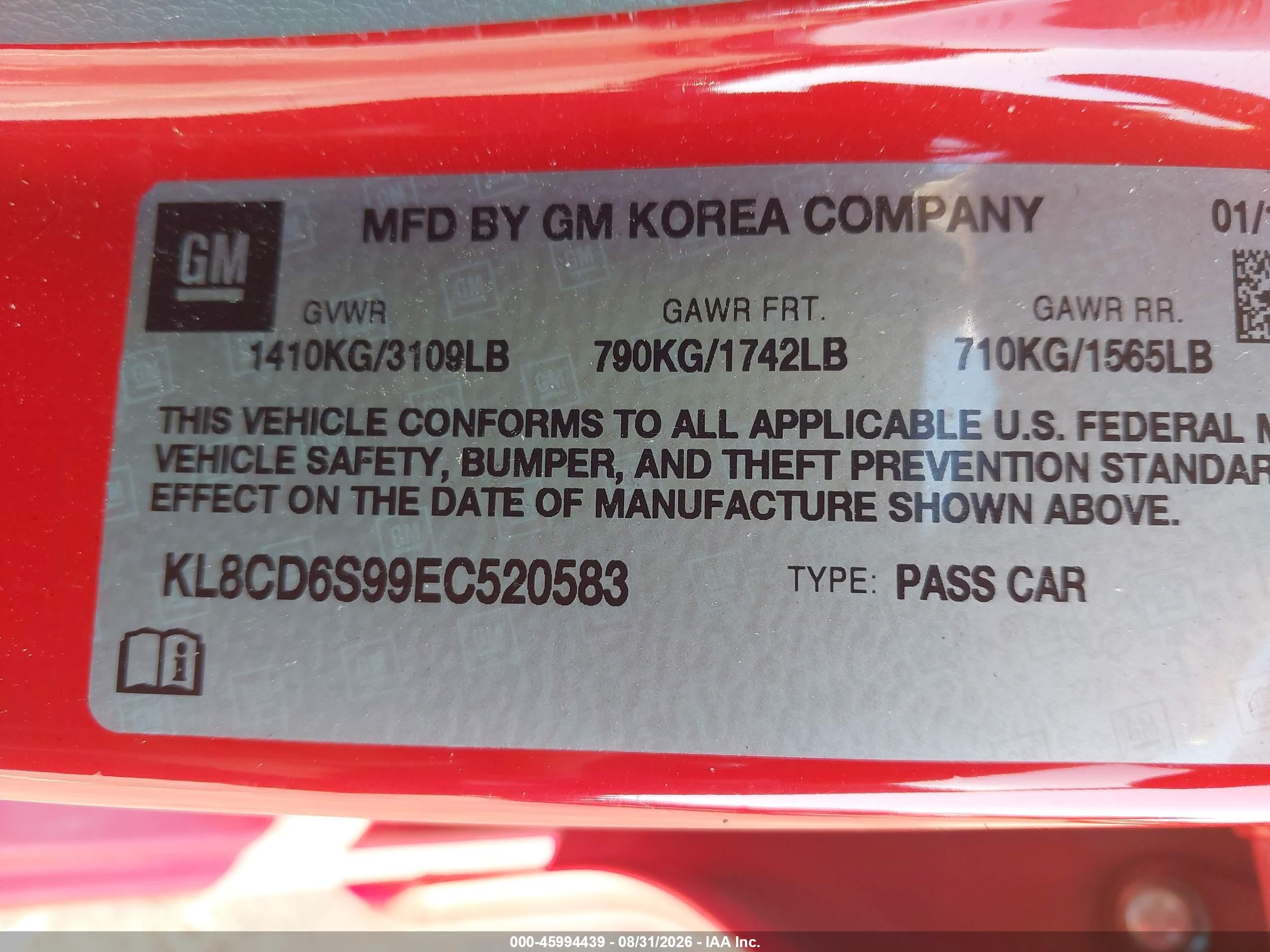 2014 Chevrolet Spark 1lt Auto Red vin: KL8CD6S99EC520583