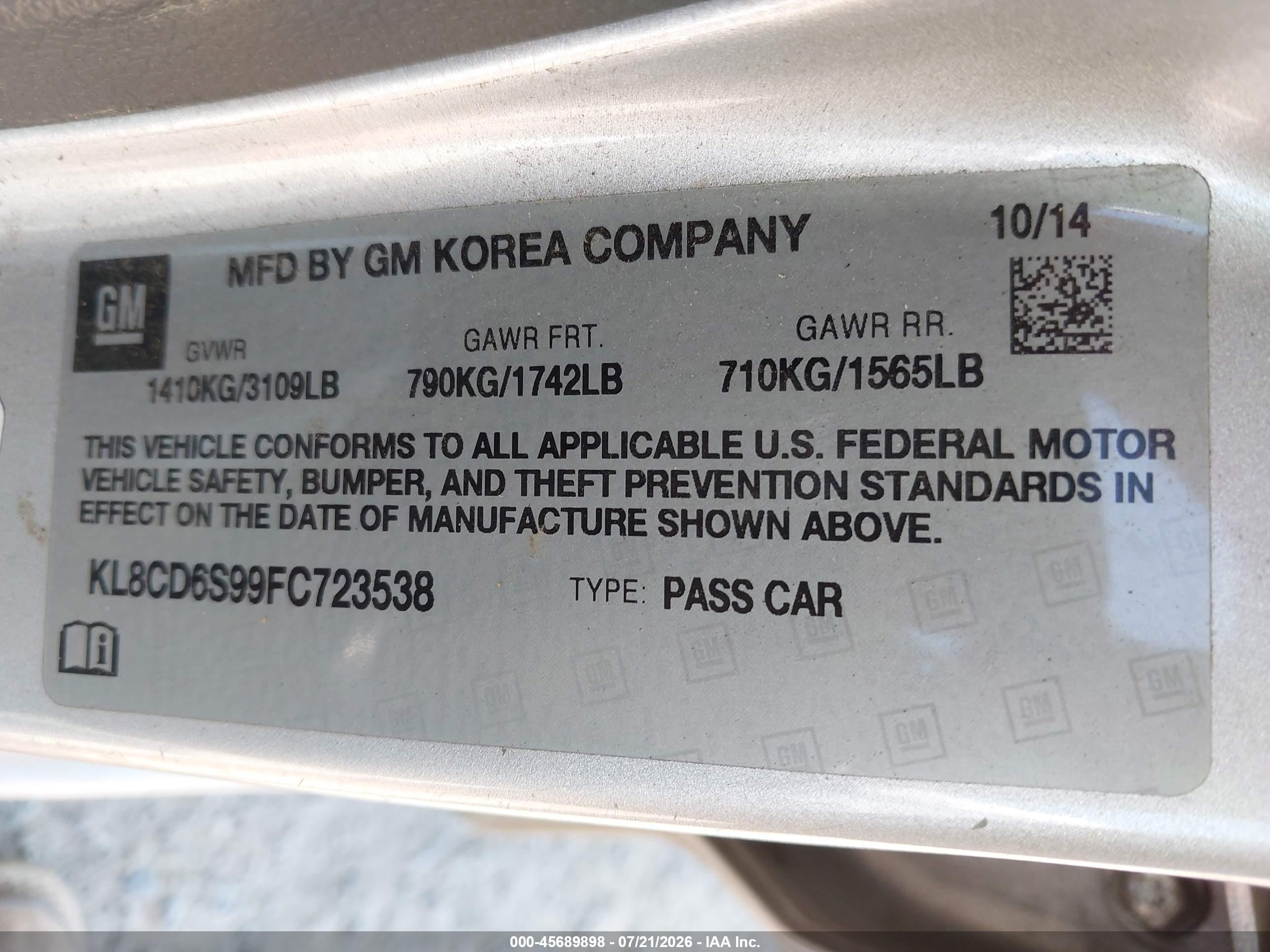 2015 Chevrolet Spark 1lt Cvt Silver vin: KL8CD6S99FC723538