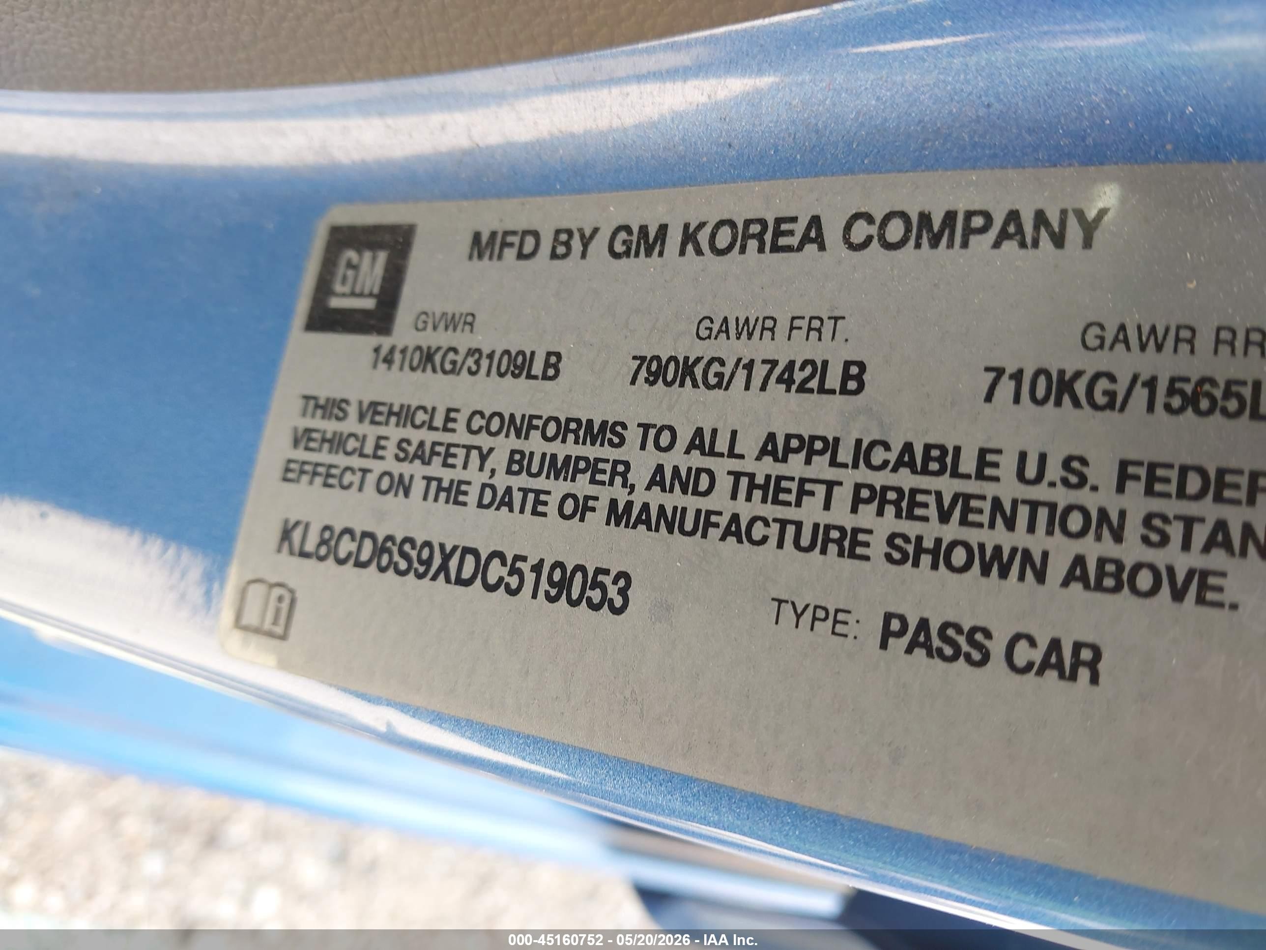 2013 Chevrolet Spark 1lt Auto Blue vin: KL8CD6S9XDC519053