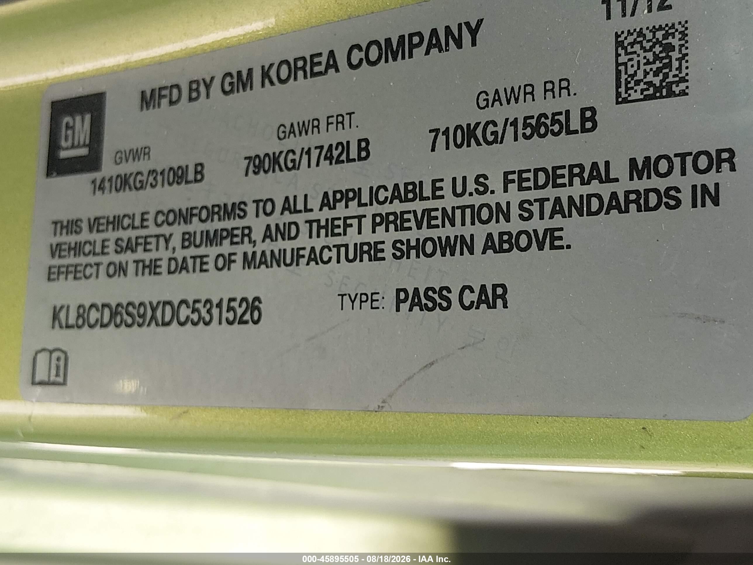 2013 Chevrolet Spark 1lt Auto Green vin: KL8CD6S9XDC531526