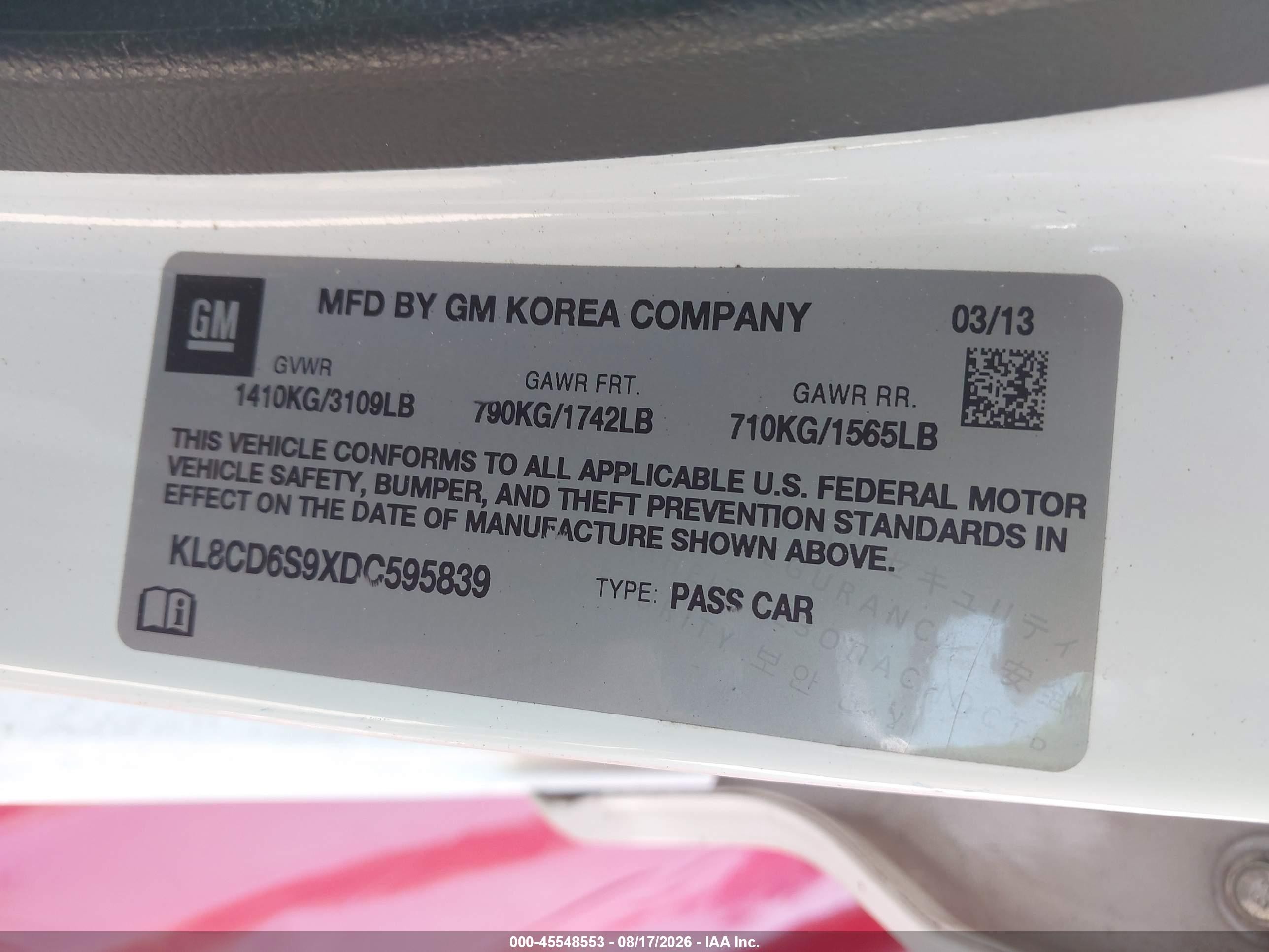 2013 Chevrolet Spark 1lt Auto White vin: KL8CD6S9XDC595839