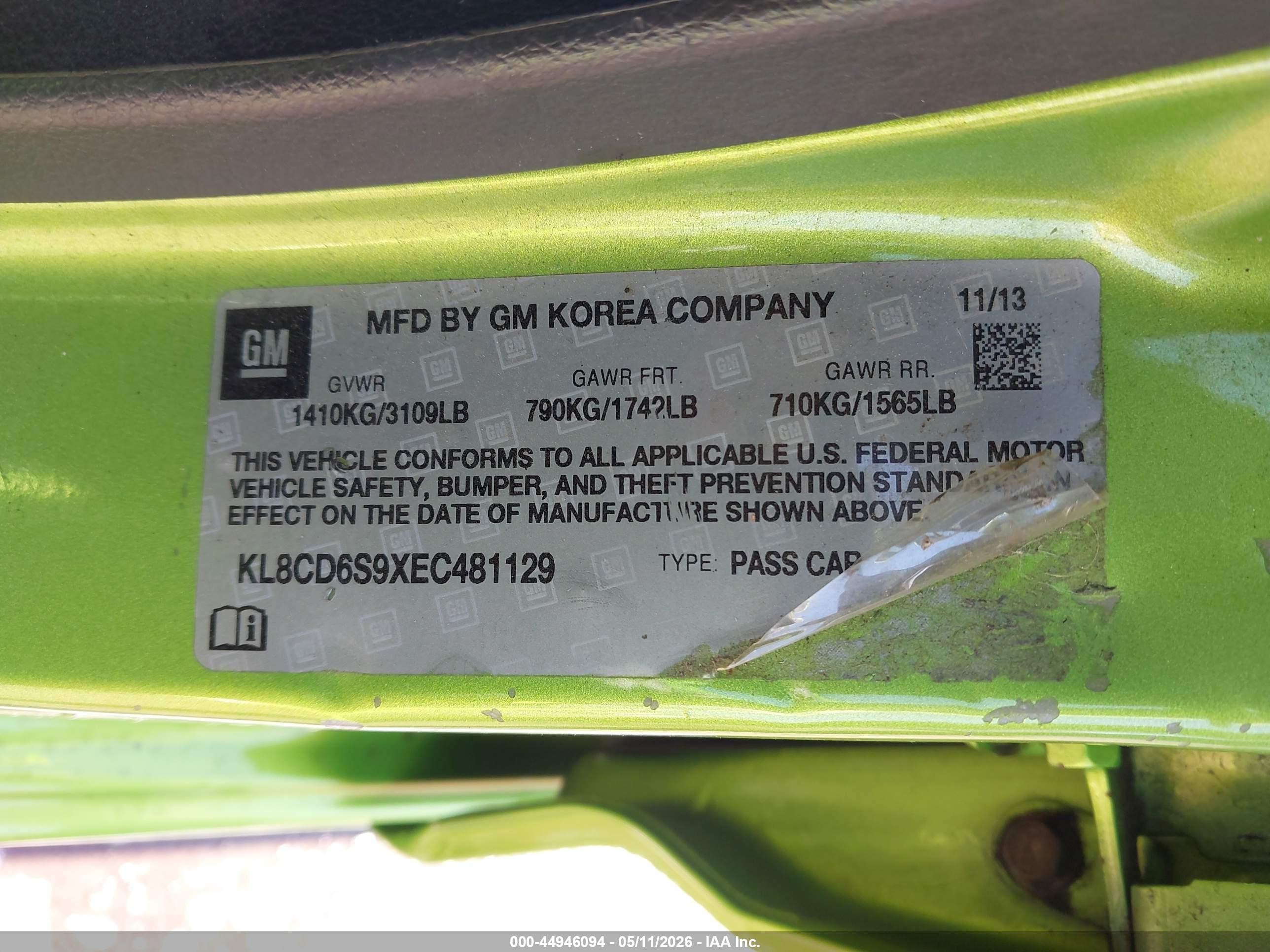 2014 Chevrolet Spark 1lt Auto Green vin: KL8CD6S9XEC481129