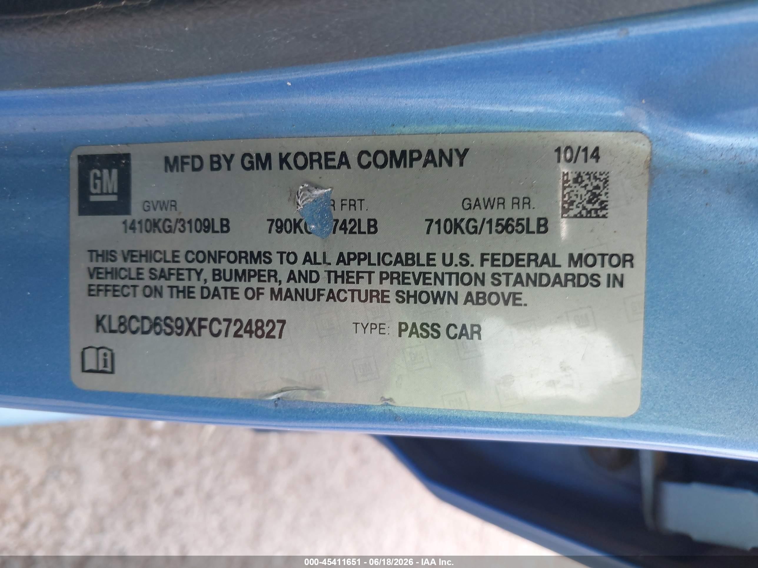 2015 Chevrolet Spark 1lt Cvt Blue vin: KL8CD6S9XFC724827