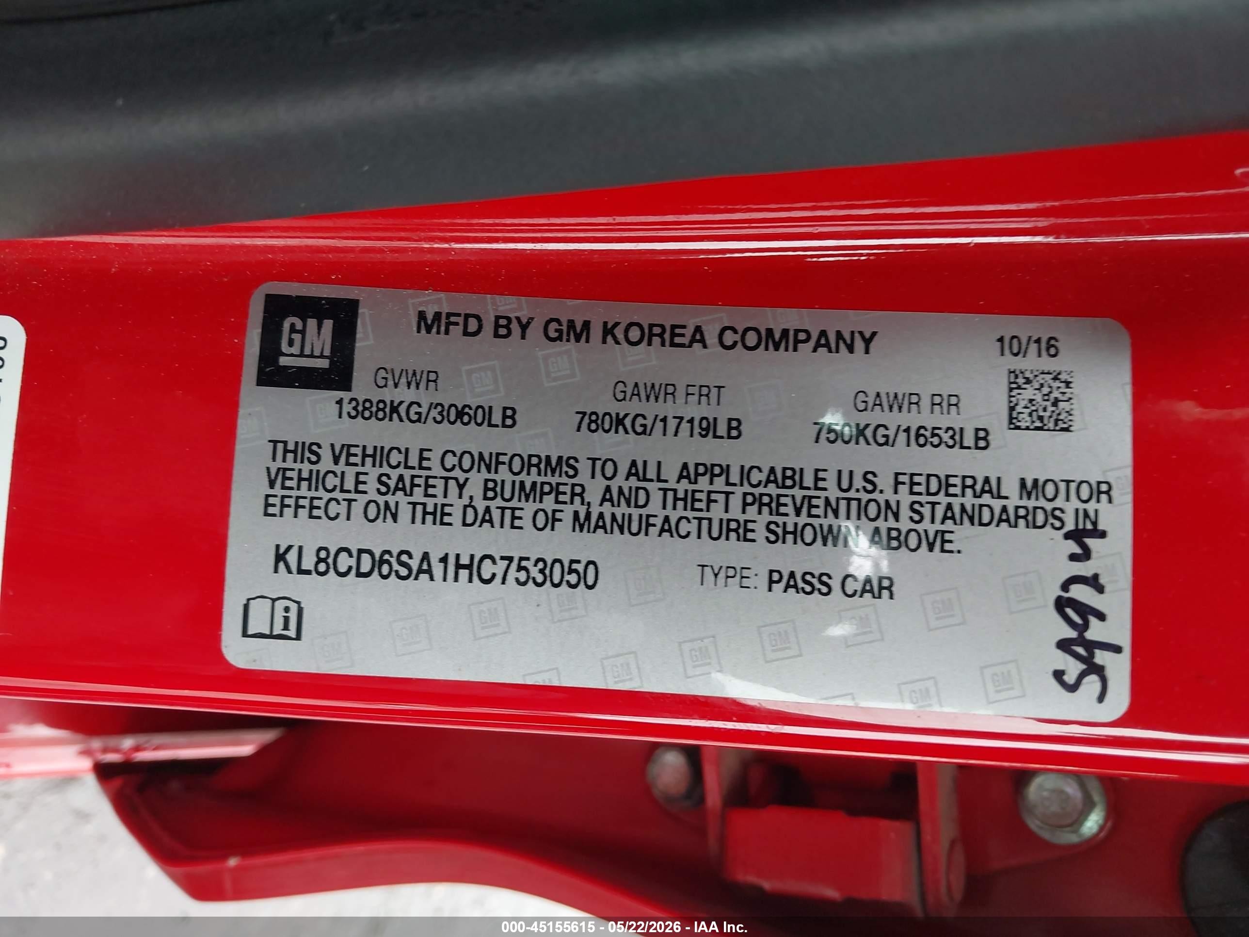 2017 Chevrolet Spark 1lt Cvt Red vin: KL8CD6SA1HC753050