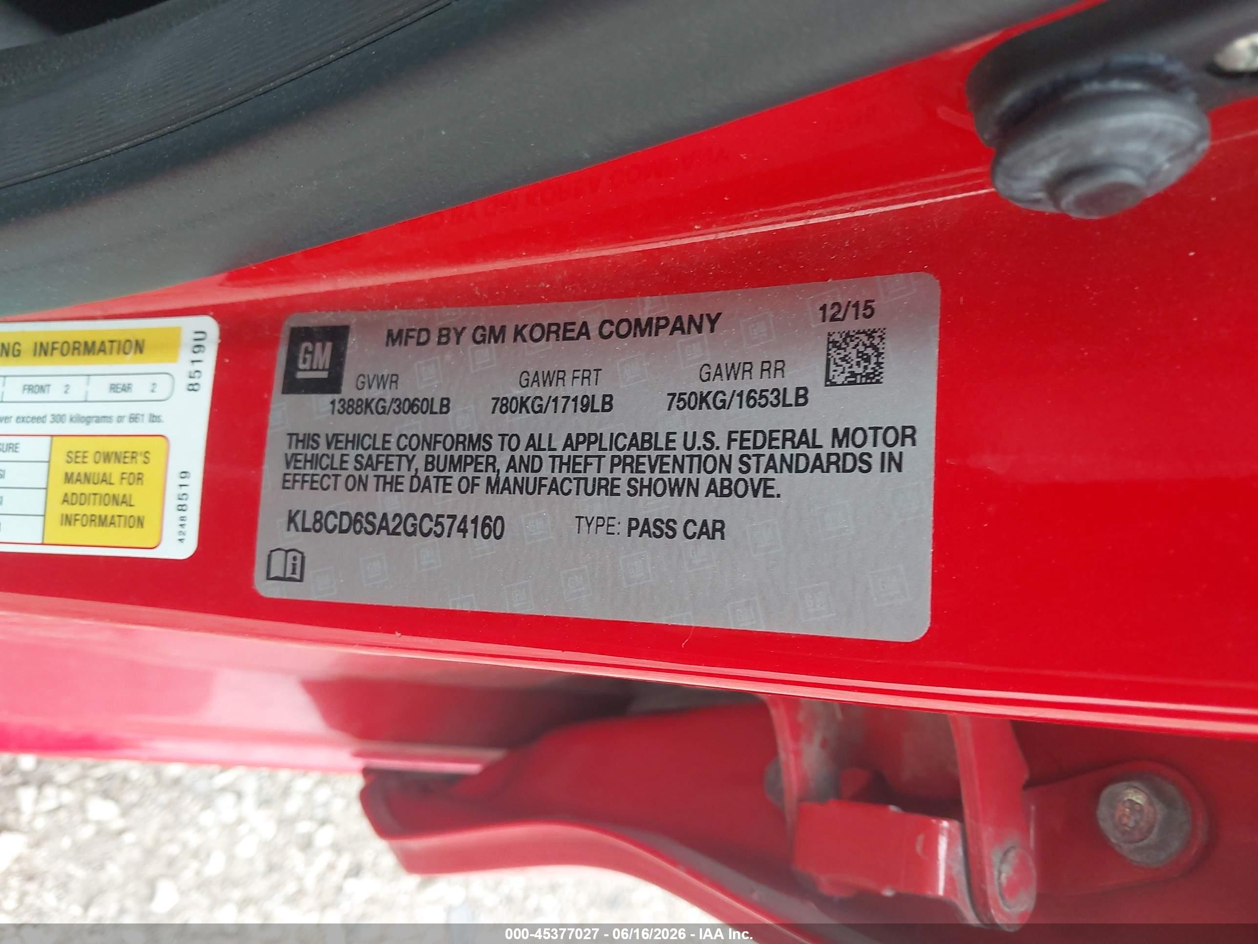2016 Chevrolet Spark 1lt Cvt Red vin: KL8CD6SA2GC574160