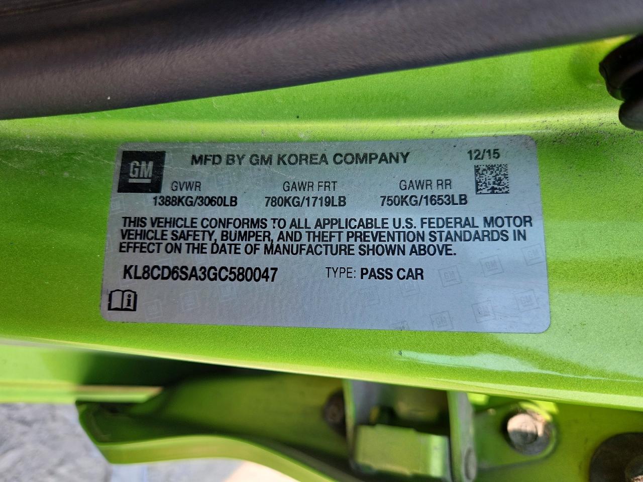 2016 Chevrolet Spark 1lt Green vin: KL8CD6SA3GC580047