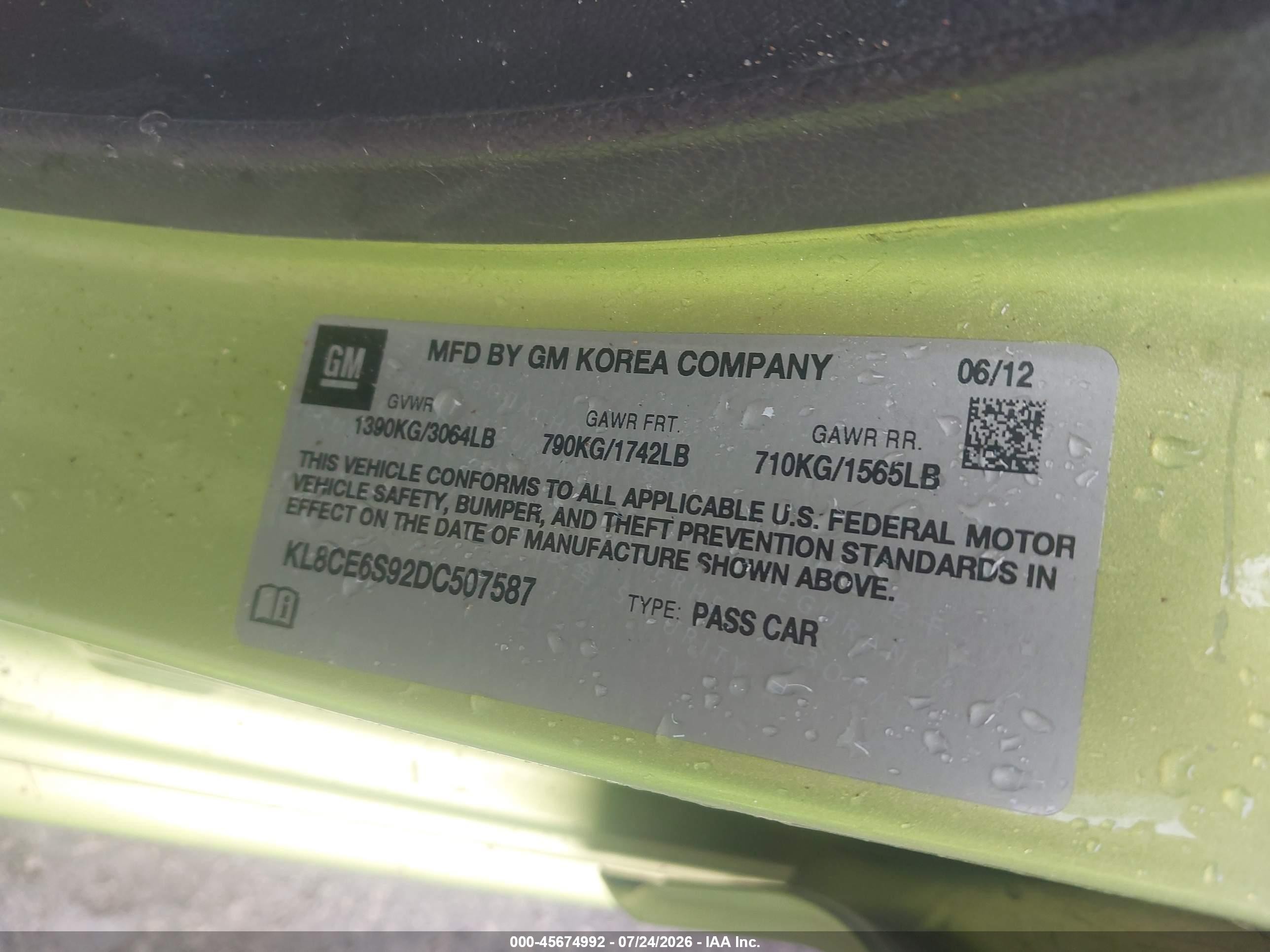 2013 Chevrolet Spark 2lt Manual Green vin: KL8CE6S92DC507587