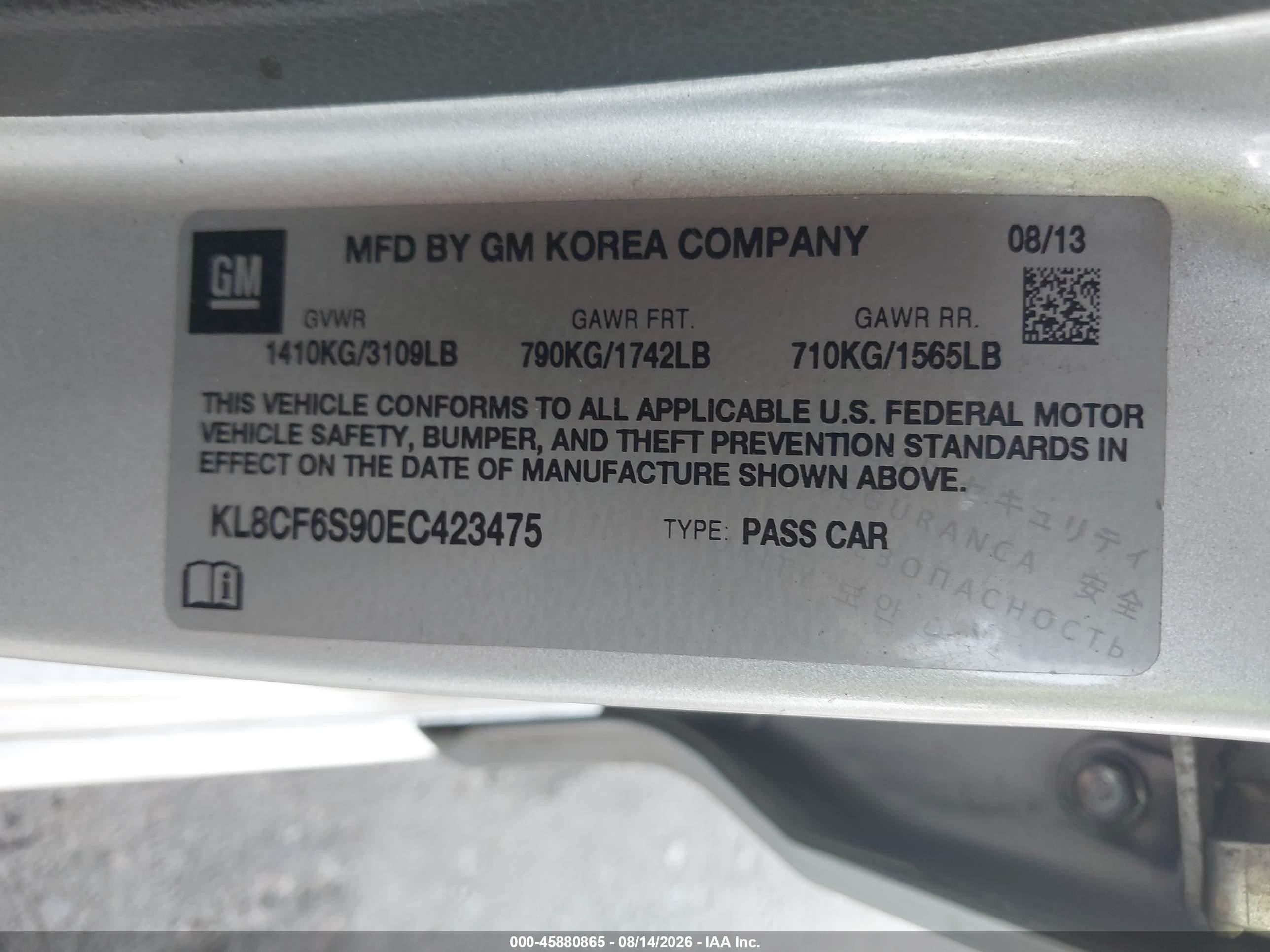 2014 Chevrolet Spark 2lt Auto Silver vin: KL8CF6S90EC423475