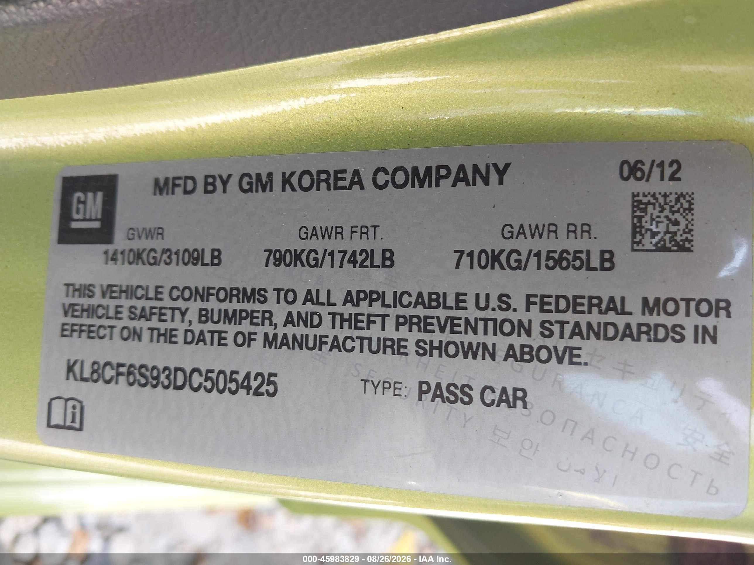 2013 Chevrolet Spark 2lt Auto Green vin: KL8CF6S93DC505425