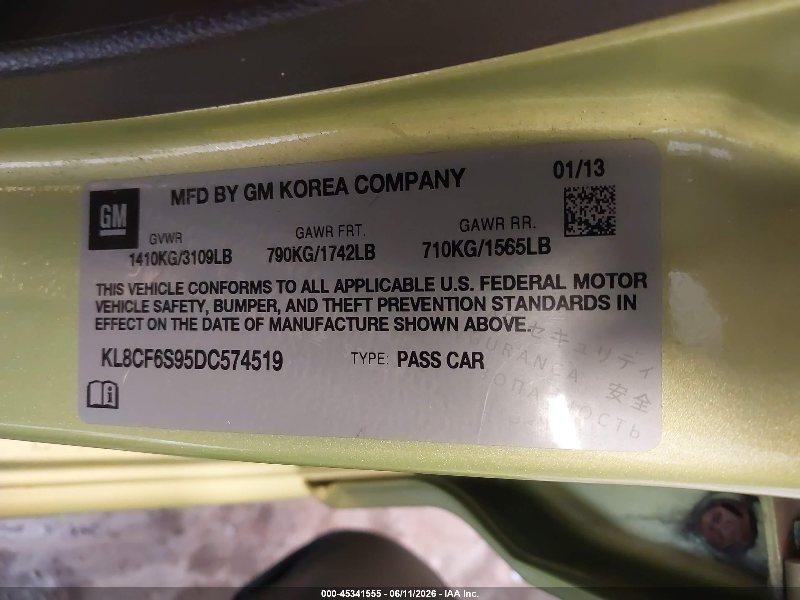 2013 Chevrolet Spark 2lt Auto Green vin: KL8CF6S95DC574519