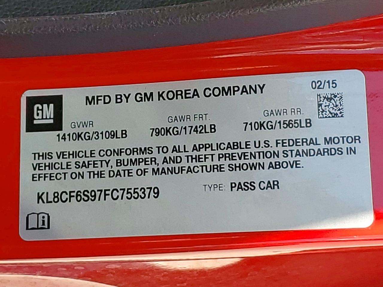 2015 Chevrolet Spark 2lt Red vin: KL8CF6S97FC755379
