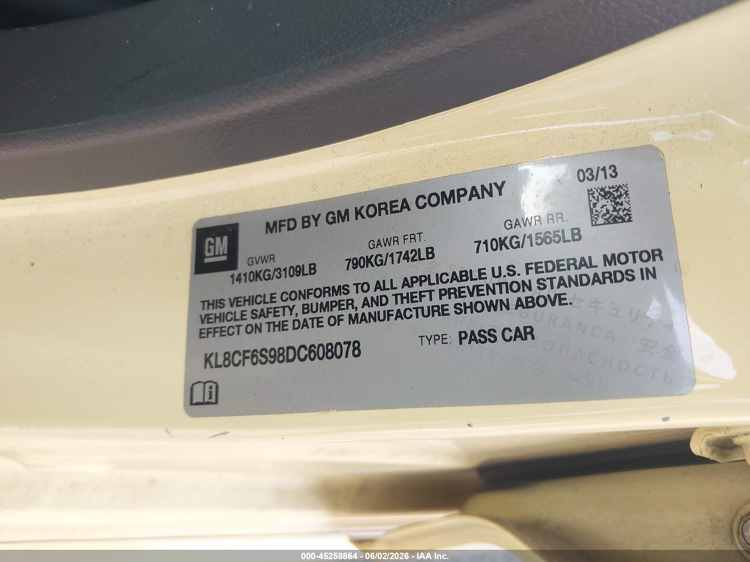 2013 Chevrolet Spark 2lt Auto Yellow vin: KL8CF6S98DC608078