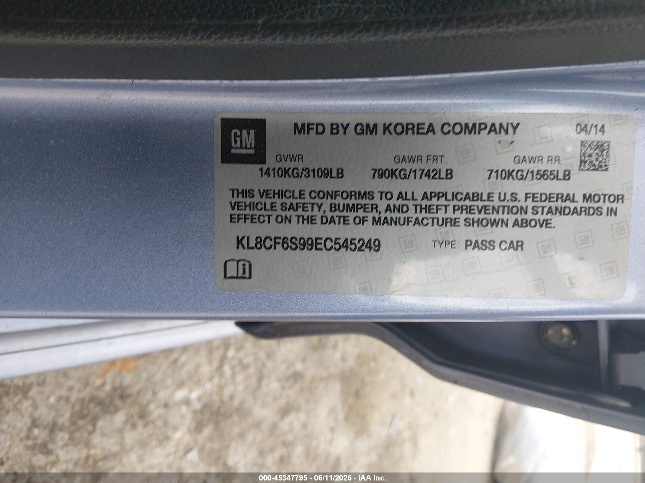 2014 Chevrolet Spark 2lt Auto Silver vin: KL8CF6S99EC545249