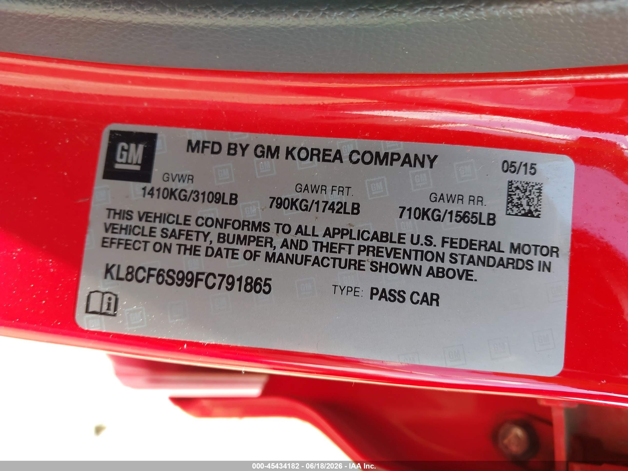 2015 Chevrolet Spark 2lt Cvt Red vin: KL8CF6S99FC791865