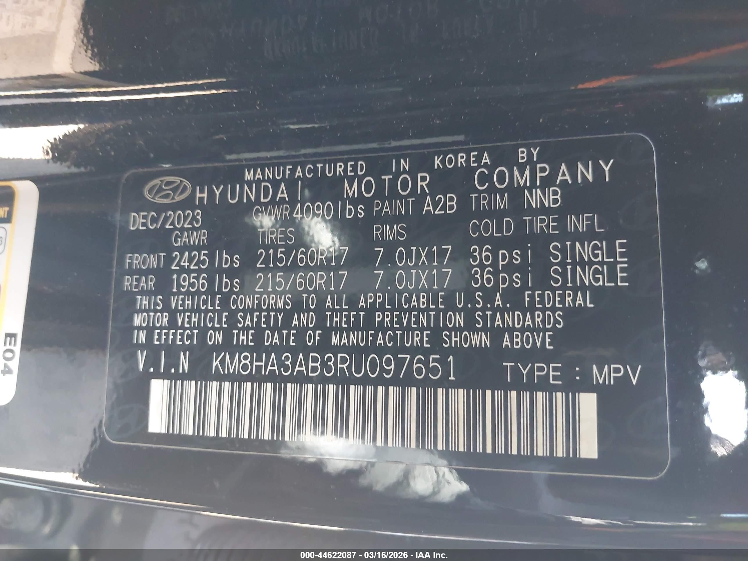 2024 Hyundai Kona Se Черный vin: KM8HA3AB3RU097651