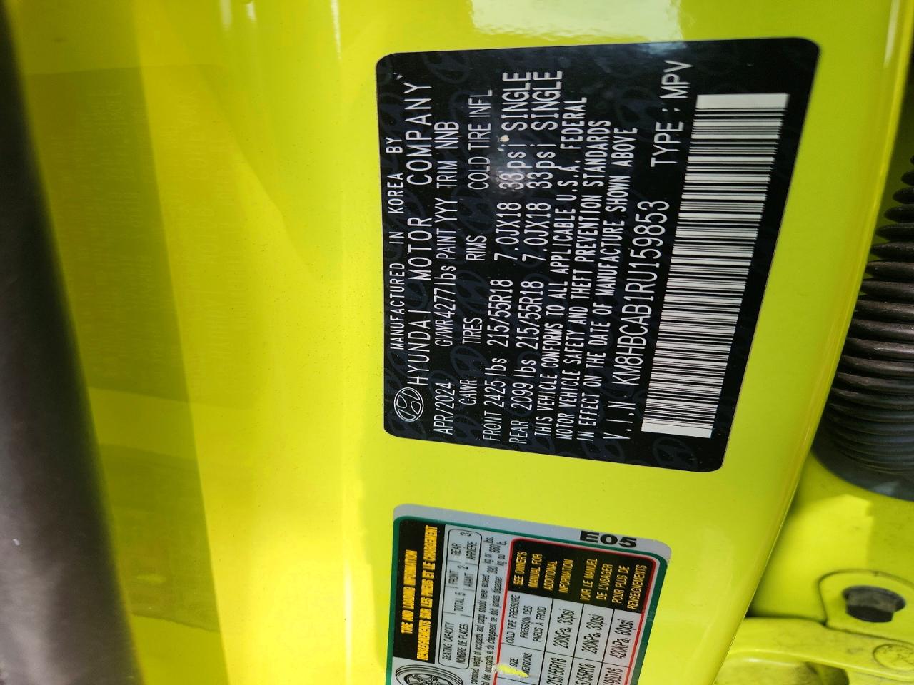 2024 Hyundai Kona Yellow vin: KM8HBCAB1RU159853