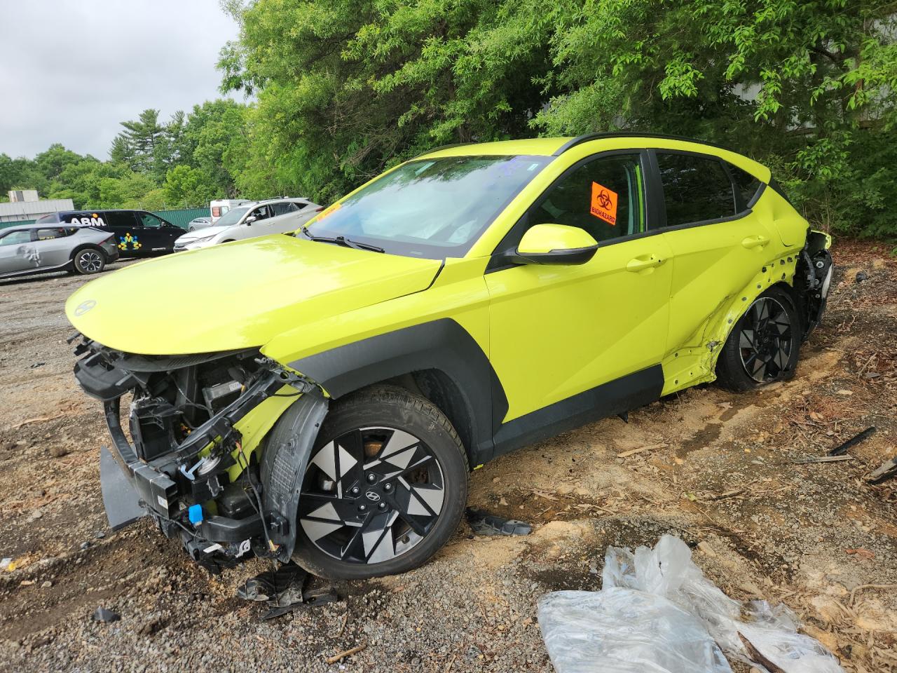 2024 Hyundai Kona Yellow vin: KM8HBCAB1RU159853 Damage: Left Front Fender, Dent(S) W/ Paint Dmg, 8 To 9 Inches