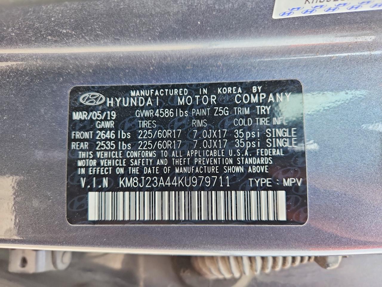 2019 Hyundai Tucson Se Gray vin: KM8J23A44KU979711