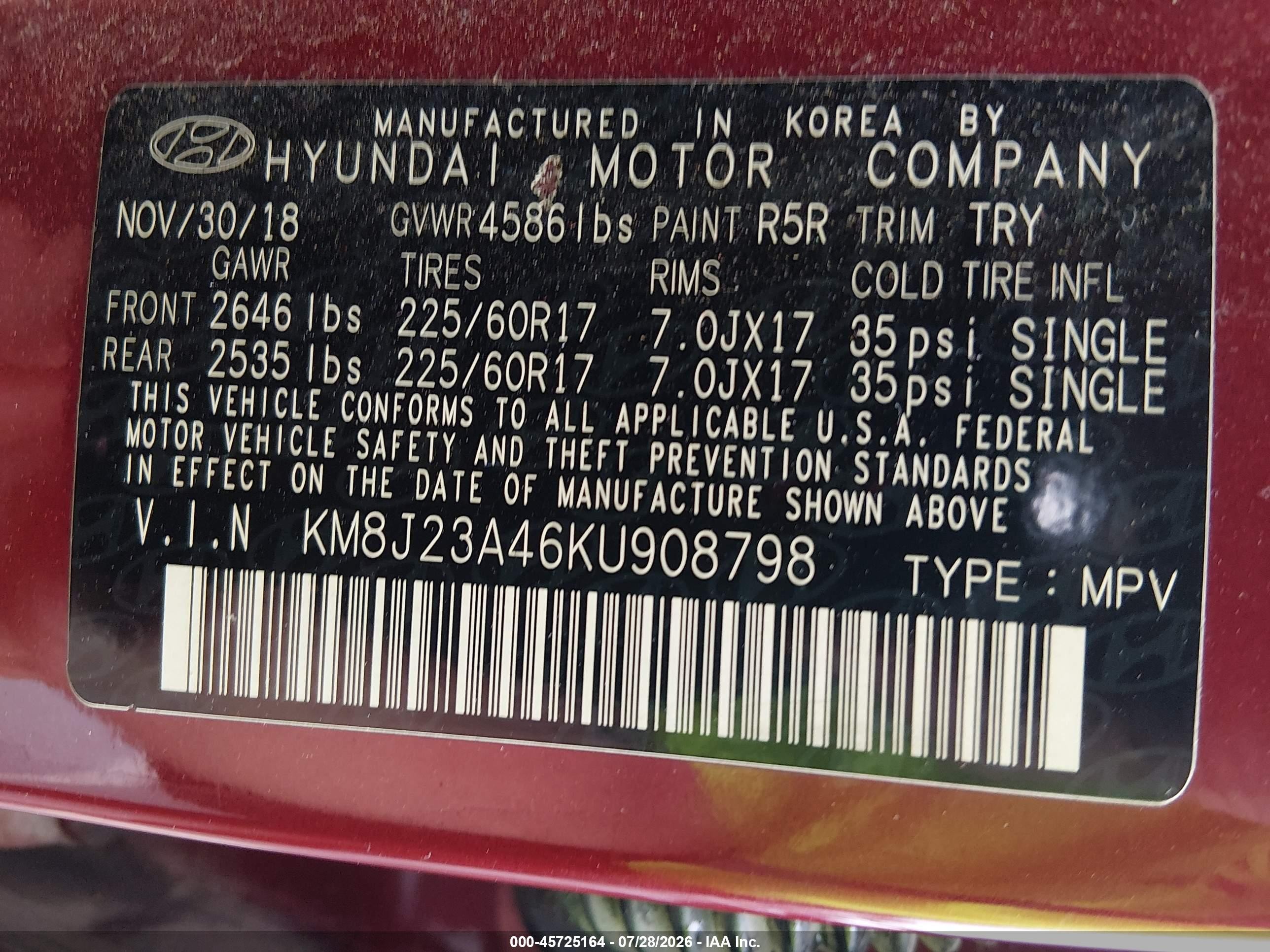 2019 Hyundai Tucson Se Red vin: KM8J23A46KU908798