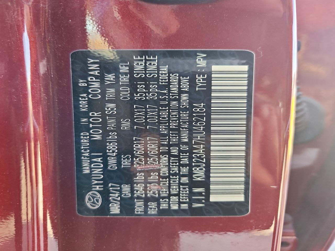2017 Hyundai Tucson Se Maroon vin: KM8J23A47HU462184