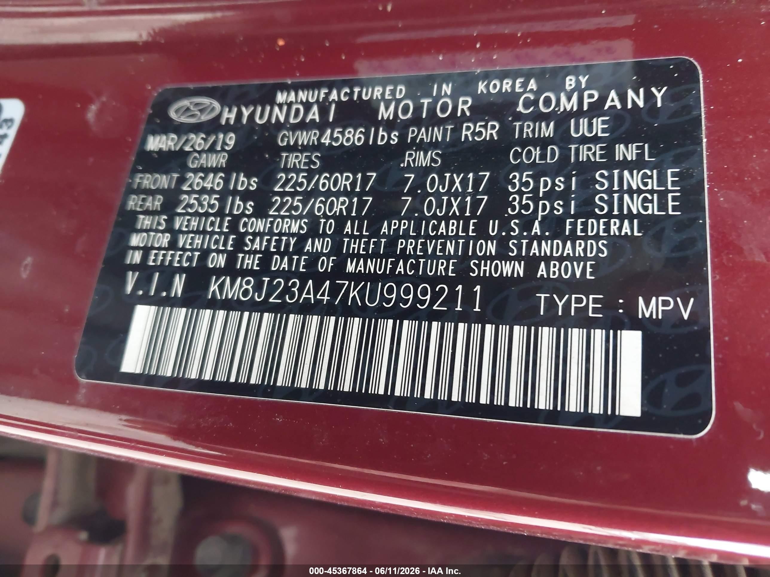 2019 Hyundai Tucson Se Burgundy vin: KM8J23A47KU999211