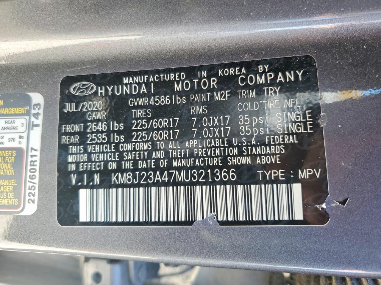 2021 Hyundai Tucson Se Серый vin: KM8J23A47MU321366