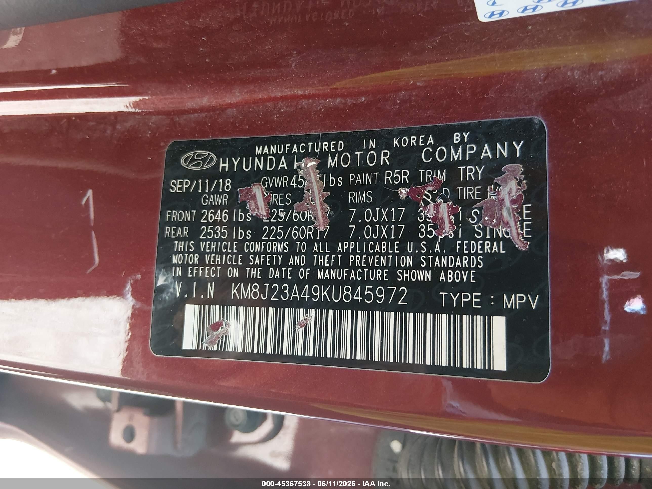 2019 Hyundai Tucson Se Красный vin: KM8J23A49KU845972