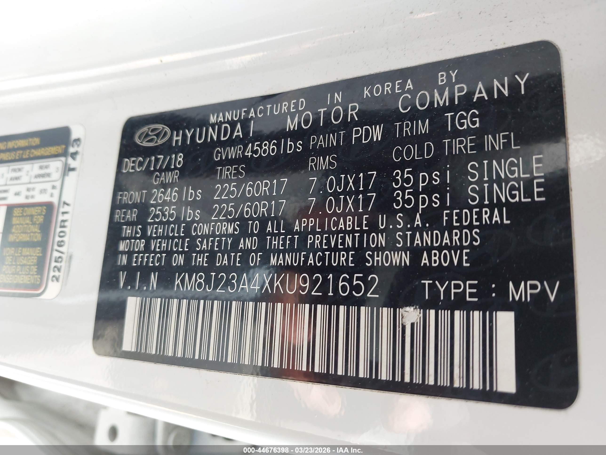 2019 Hyundai Tucson Se Белый vin: KM8J23A4XKU921652