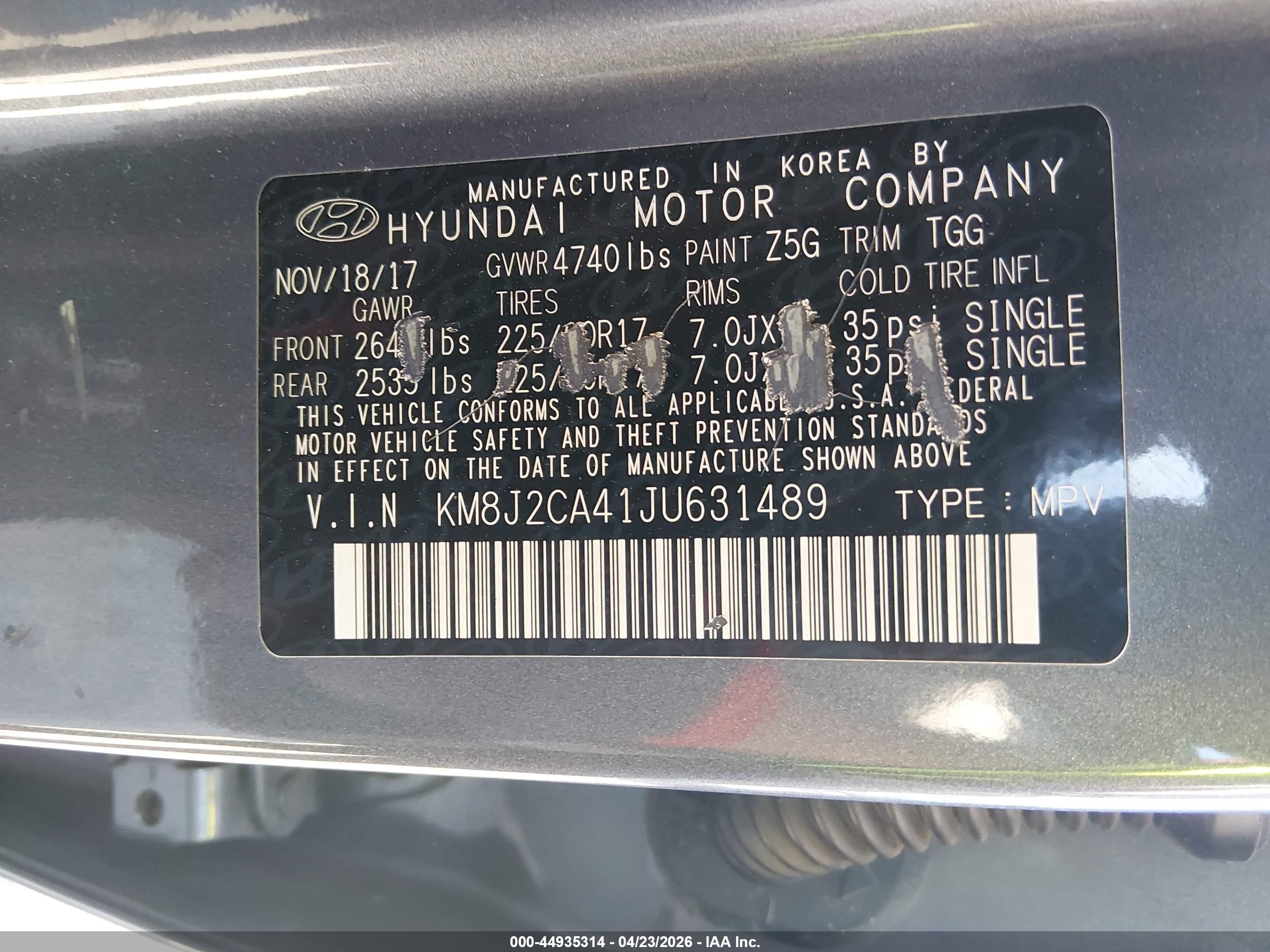 2018 Hyundai Tucson Se Gray vin: KM8J2CA41JU631489
