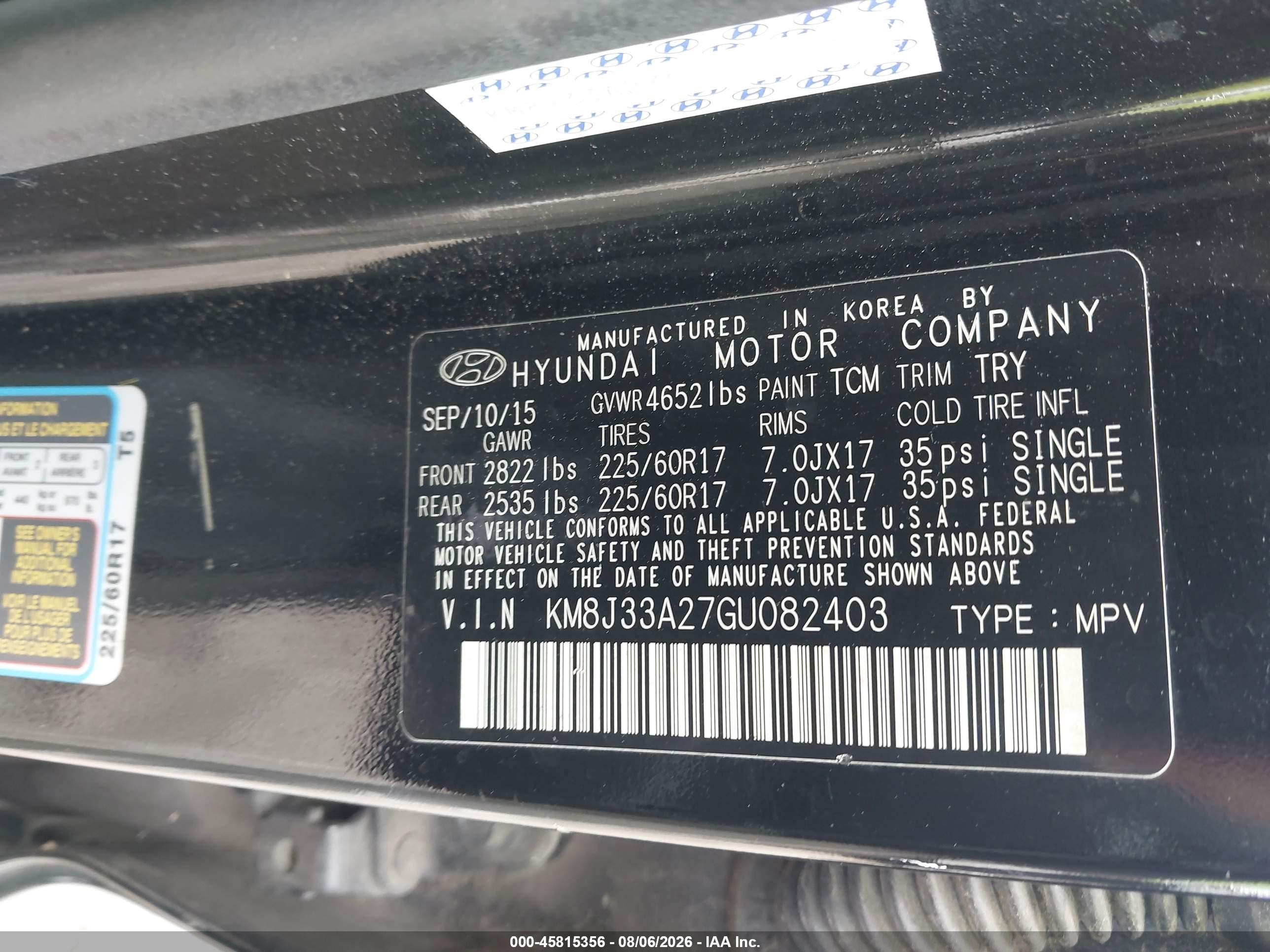2016 Hyundai Tucson Eco Black vin: KM8J33A27GU082403