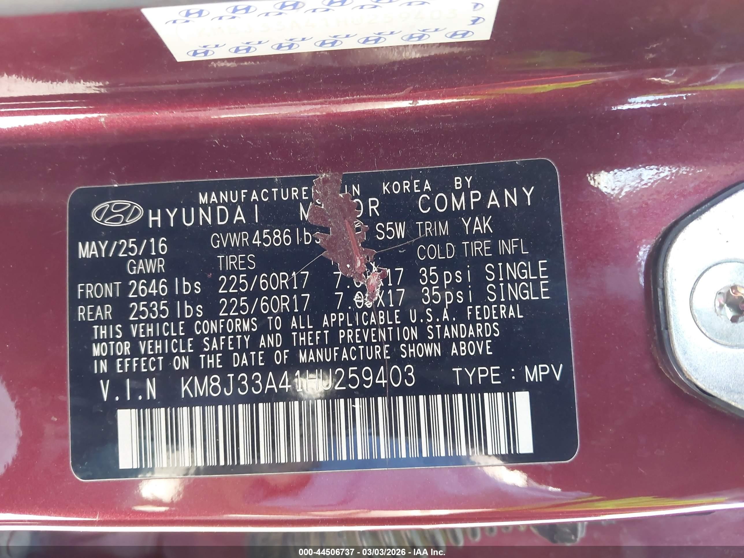 2017 Hyundai Tucson Se Red vin: KM8J33A41HU259403