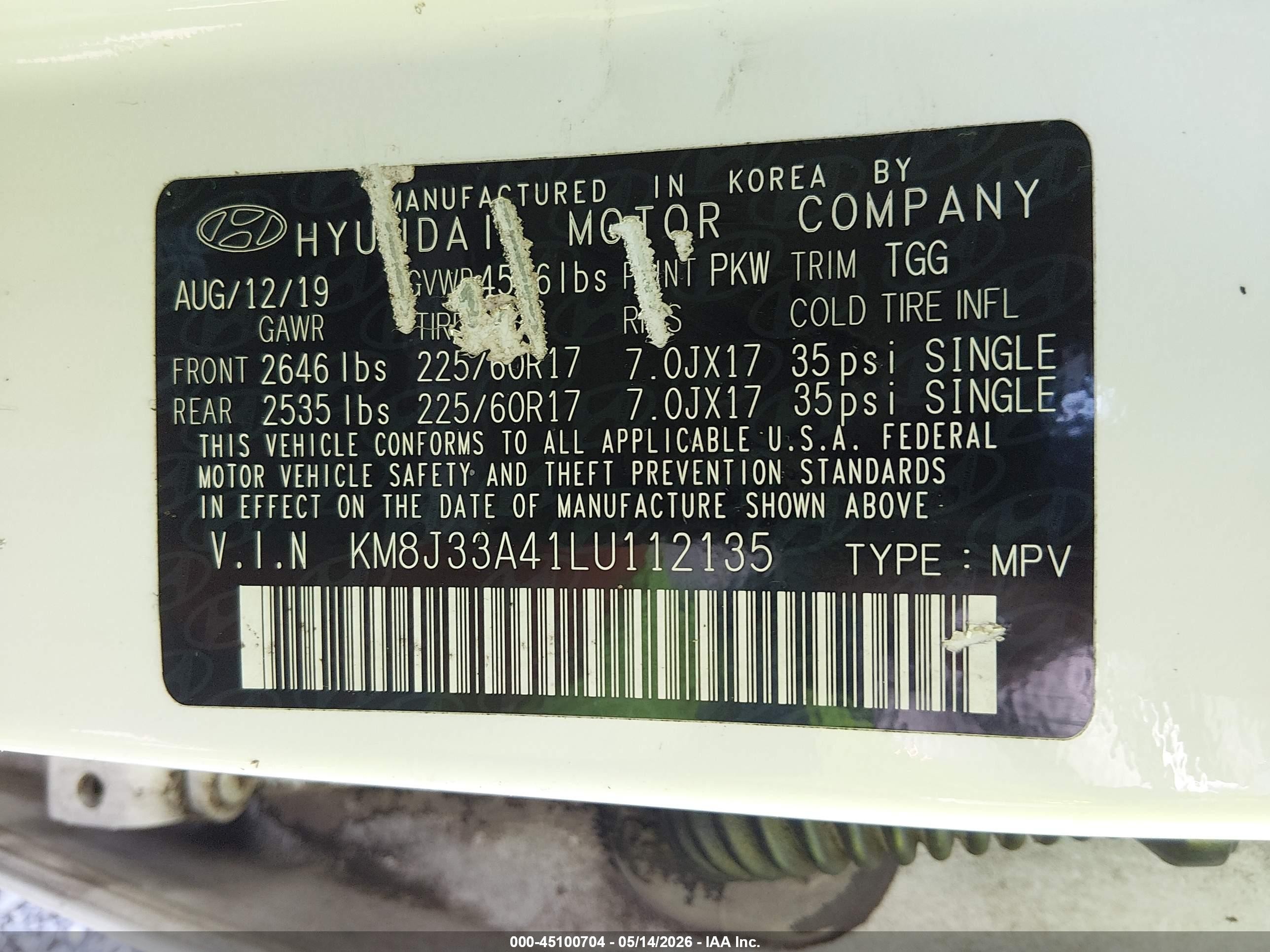 2020 Hyundai Tucson Value White vin: KM8J33A41LU112135