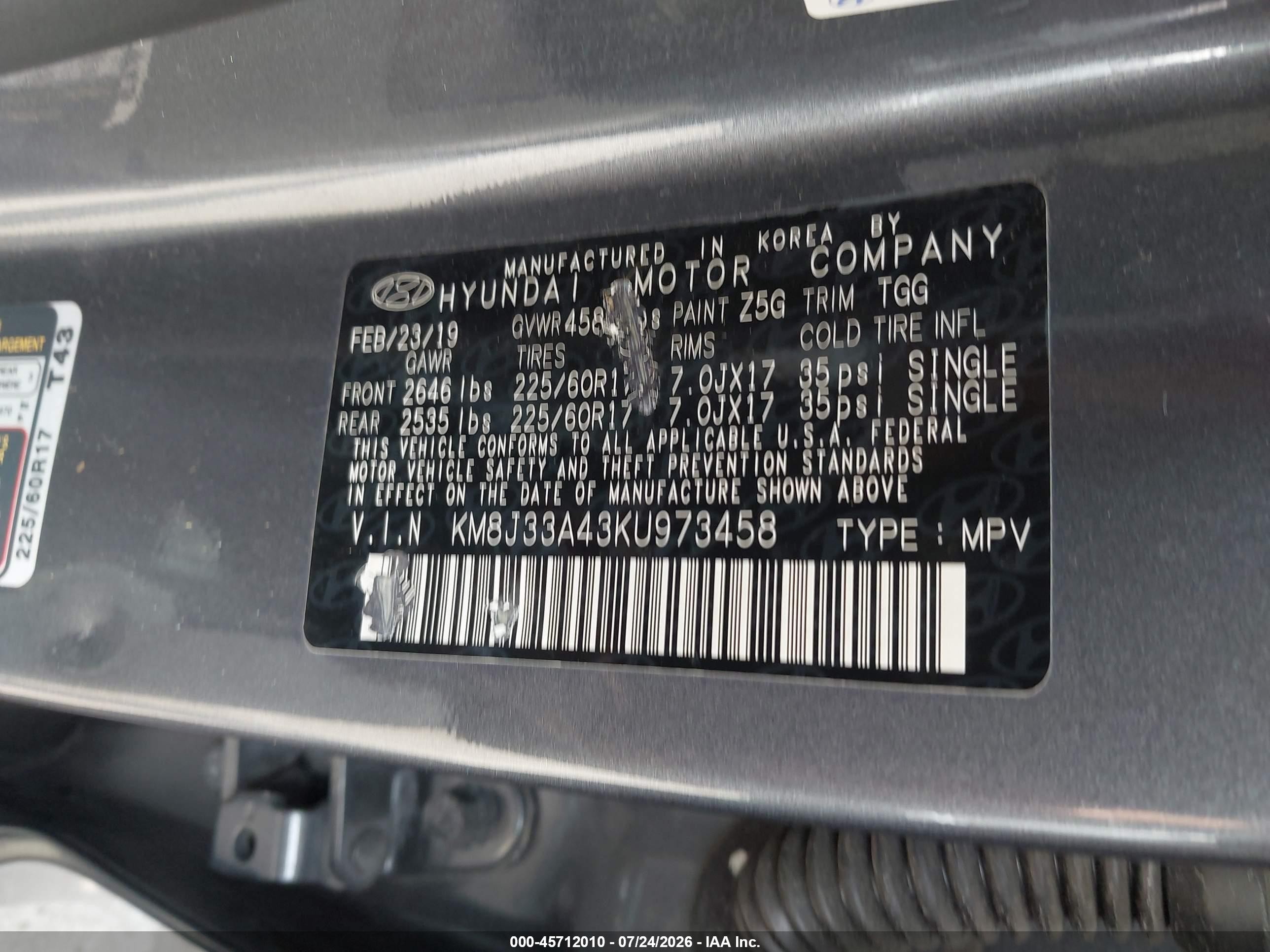 2019 Hyundai Tucson Value Gray vin: KM8J33A43KU973458