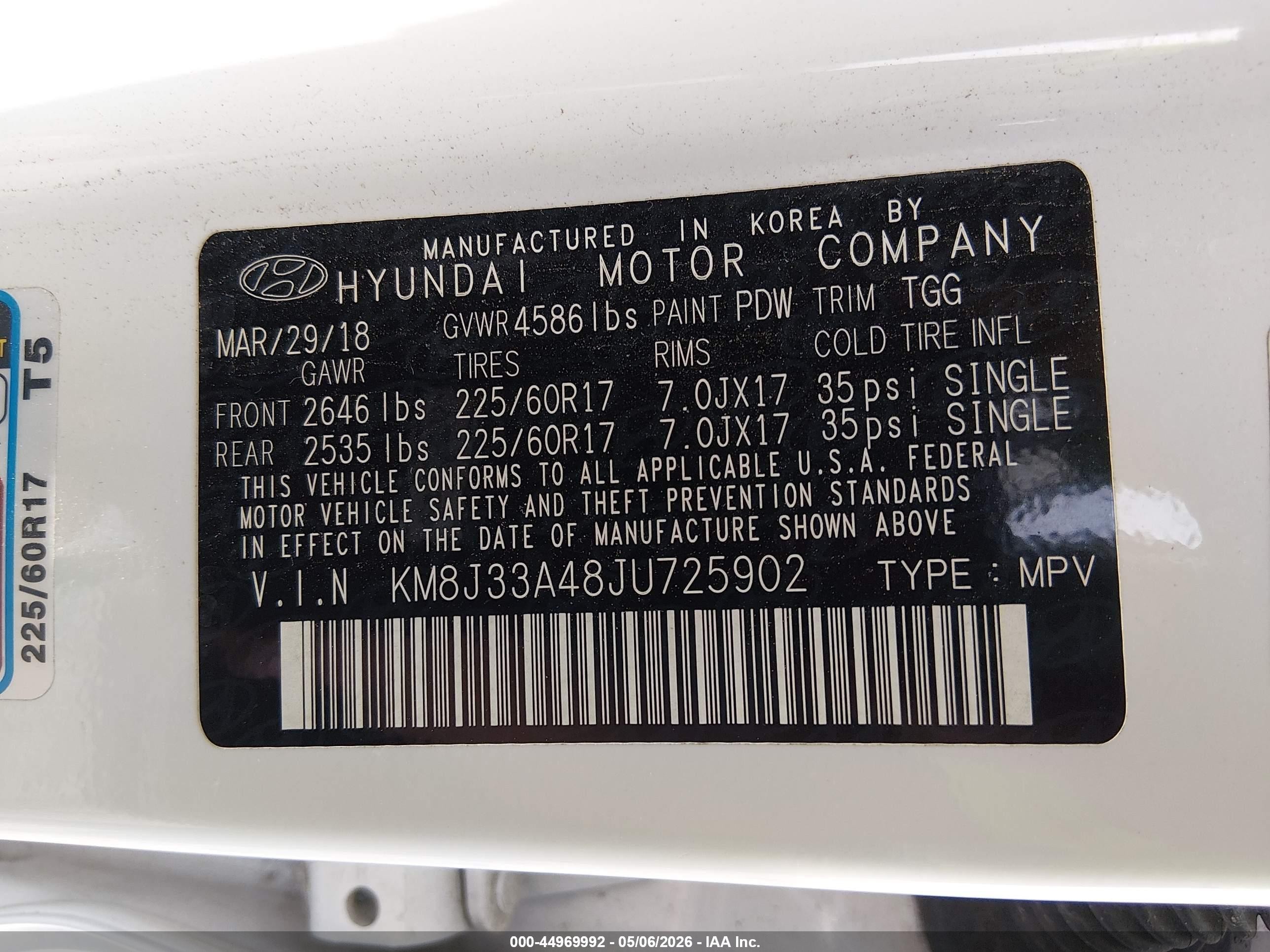 2018 Hyundai Tucson Sel Белый vin: KM8J33A48JU725902