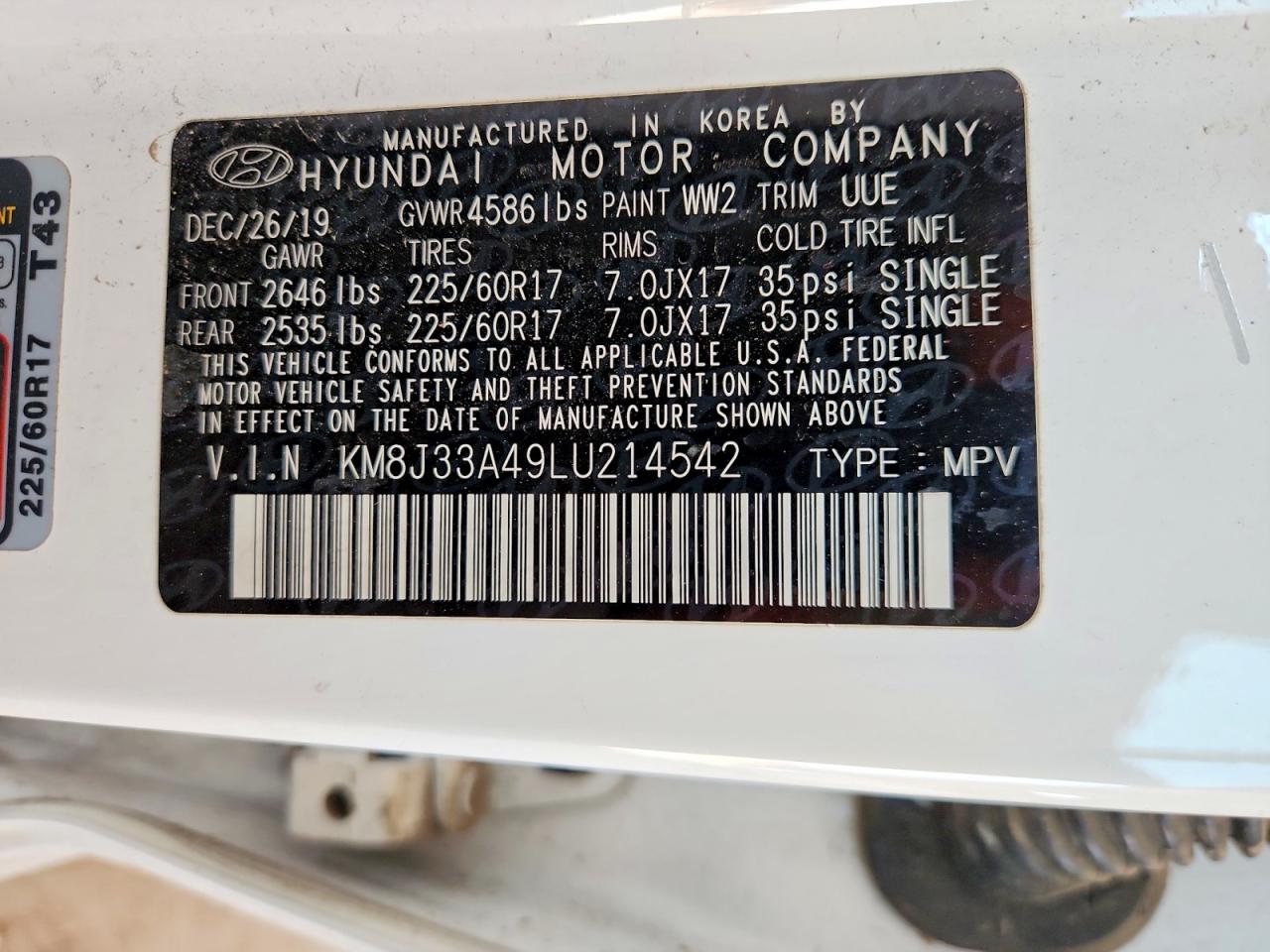 2020 Hyundai Tucson Value White vin: KM8J33A49LU214542