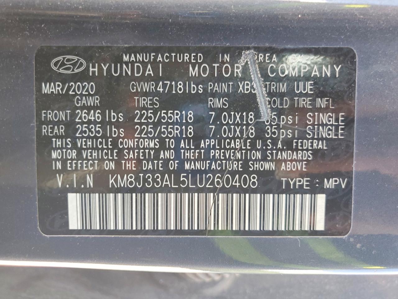 2020 Hyundai Tucson Sel Угольный vin: KM8J33AL5LU260408