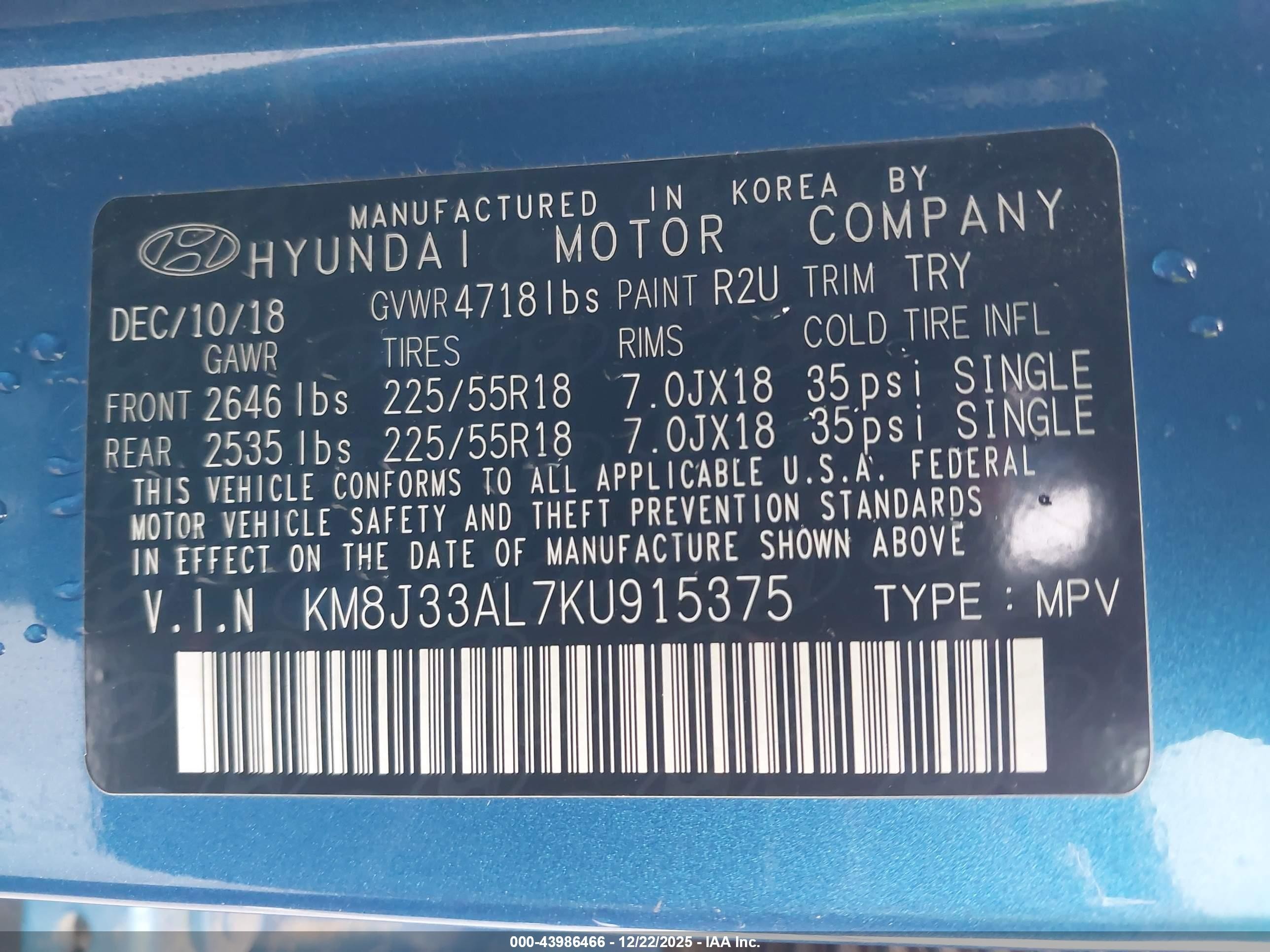2019 Hyundai Tucson Limited Blue vin: KM8J33AL7KU915375