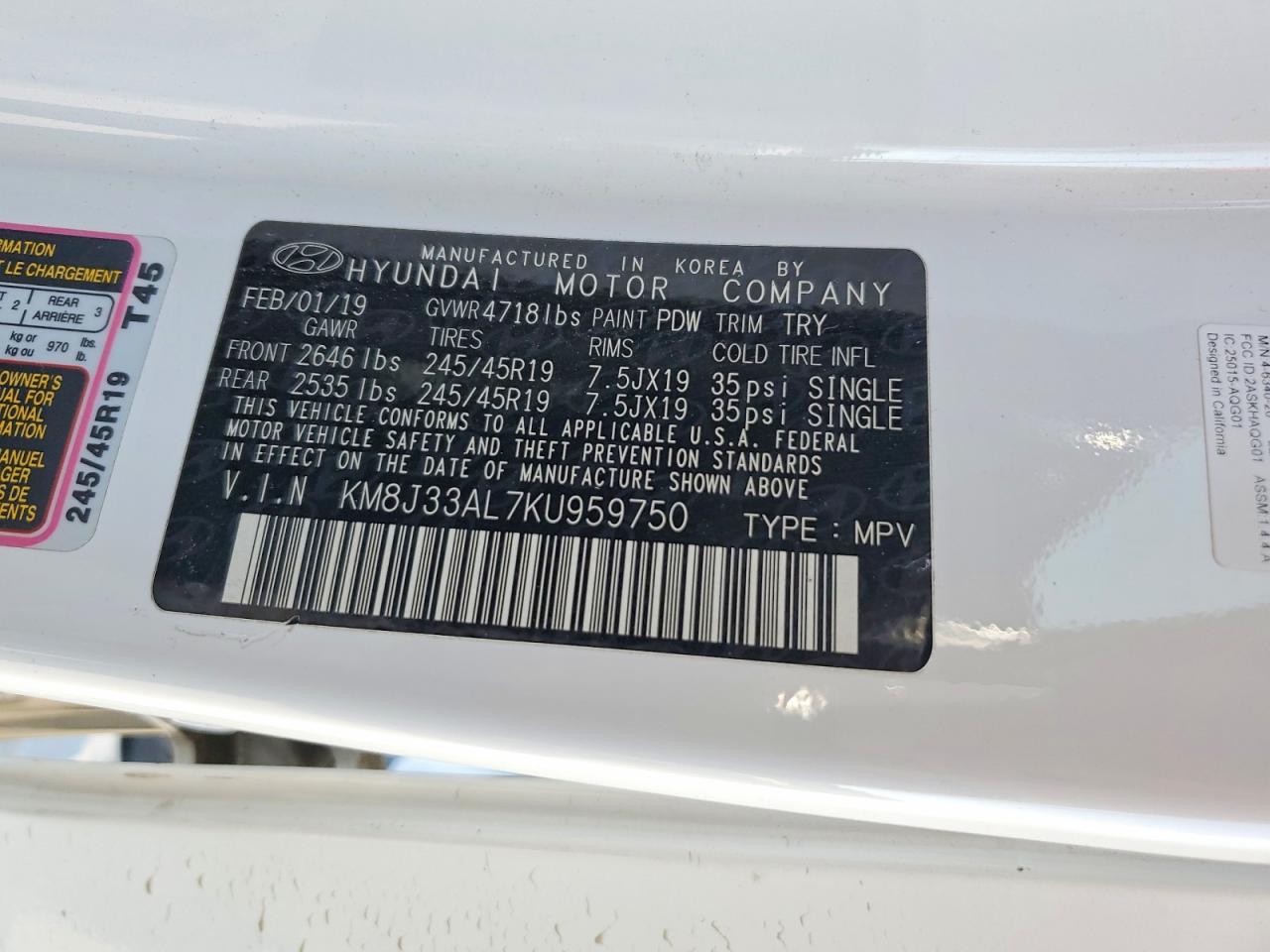 2019 Hyundai Tucson Night White vin: KM8J33AL7KU959750