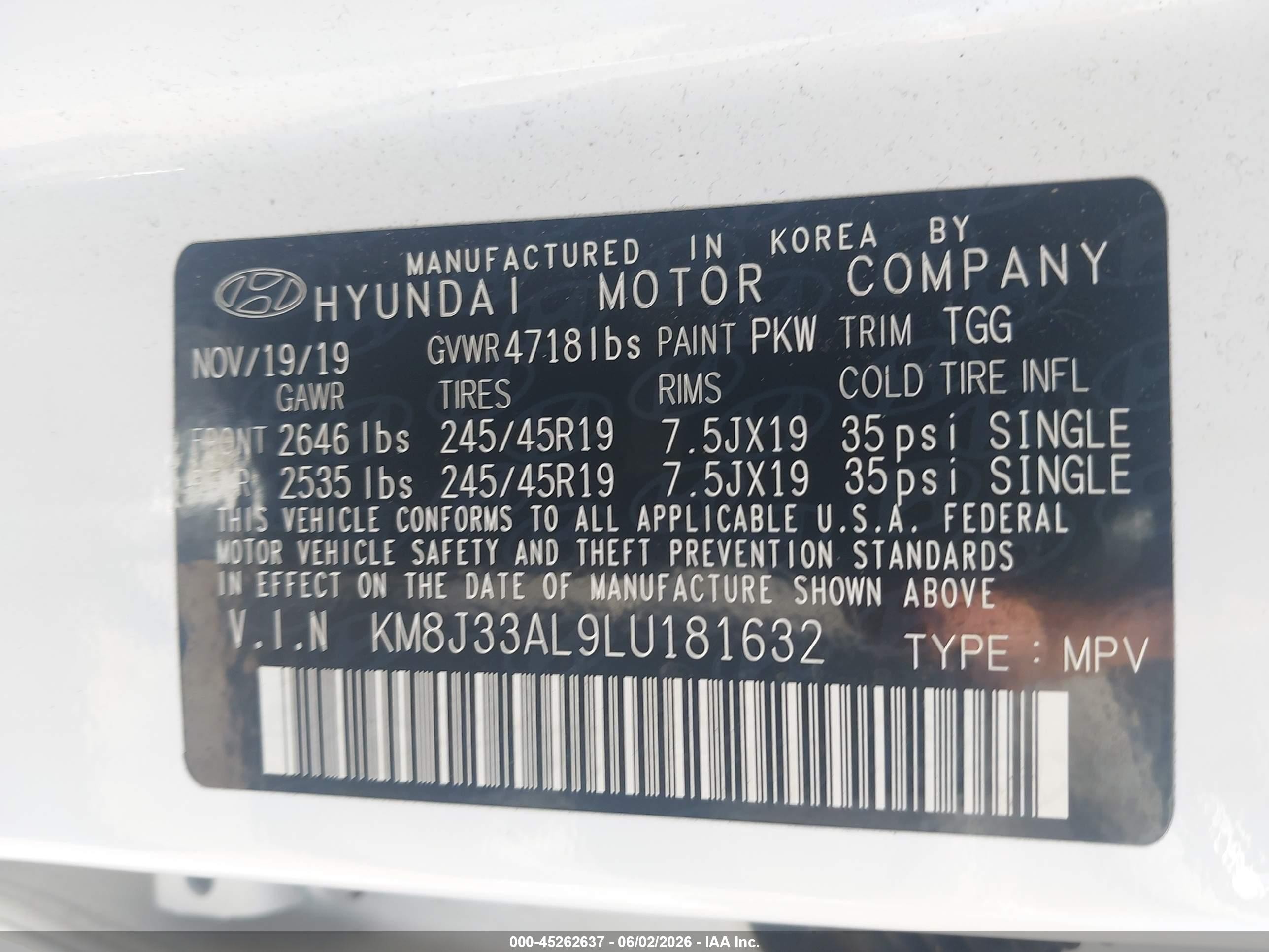 2020 Hyundai Tucson Sport White vin: KM8J33AL9LU181632