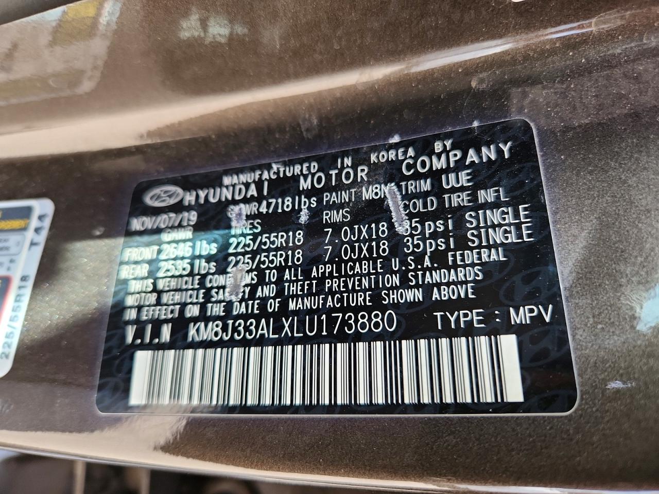 2020 Hyundai Tucson Sel Charcoal vin: KM8J33ALXLU173880