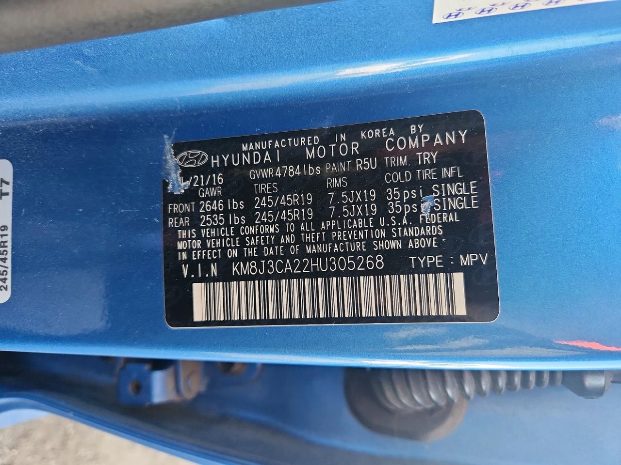 2017 Hyundai Tucson Limited Blue vin: KM8J3CA22HU305268